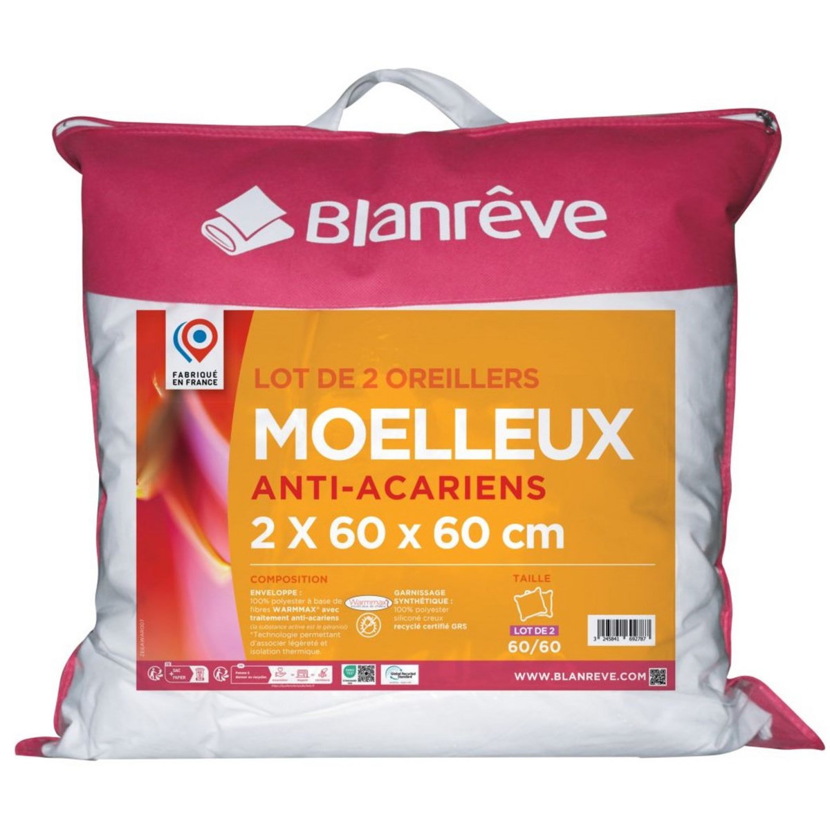 BLANREVE Lot de 2 oreillers confort moelleux WARMMAX anti acariens 
