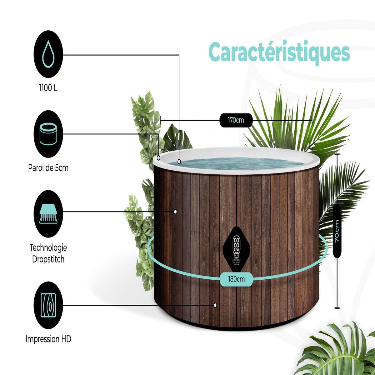 COCO BAIN Piscine gonflable Hawaii 180 cm diamètre, 1200 litres