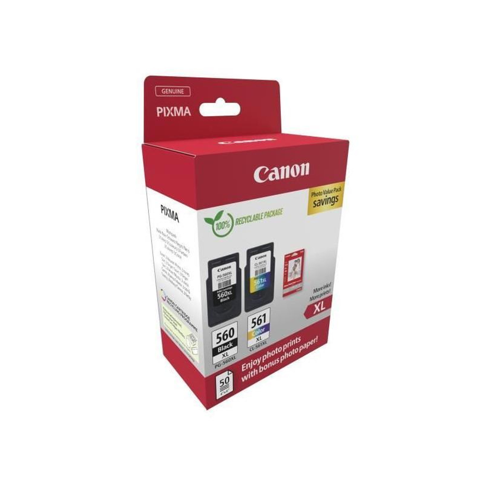 Voir la diapositive 2 : Canon Pack de 2 cartouches d'encre + pack papiers photo - CANON - PG-560XL Noir + CL-561XL Couleur