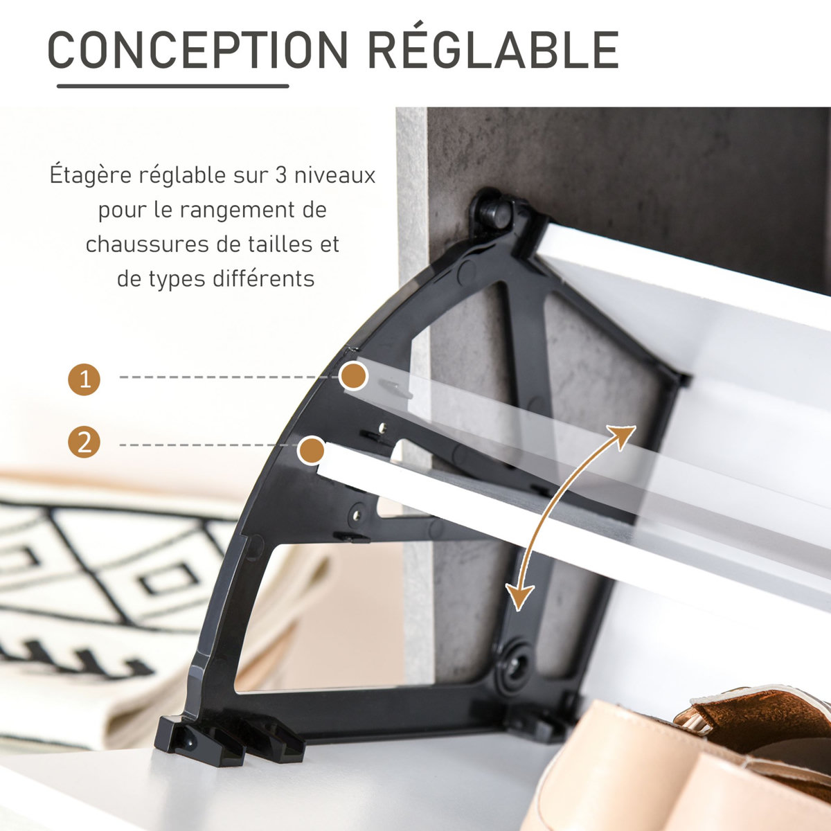 HOMCOM Armoire à chaussures meuble à chaussures dim. 62L x 26l x 81H cm 2 portes abattantes blanc effet béton ciré