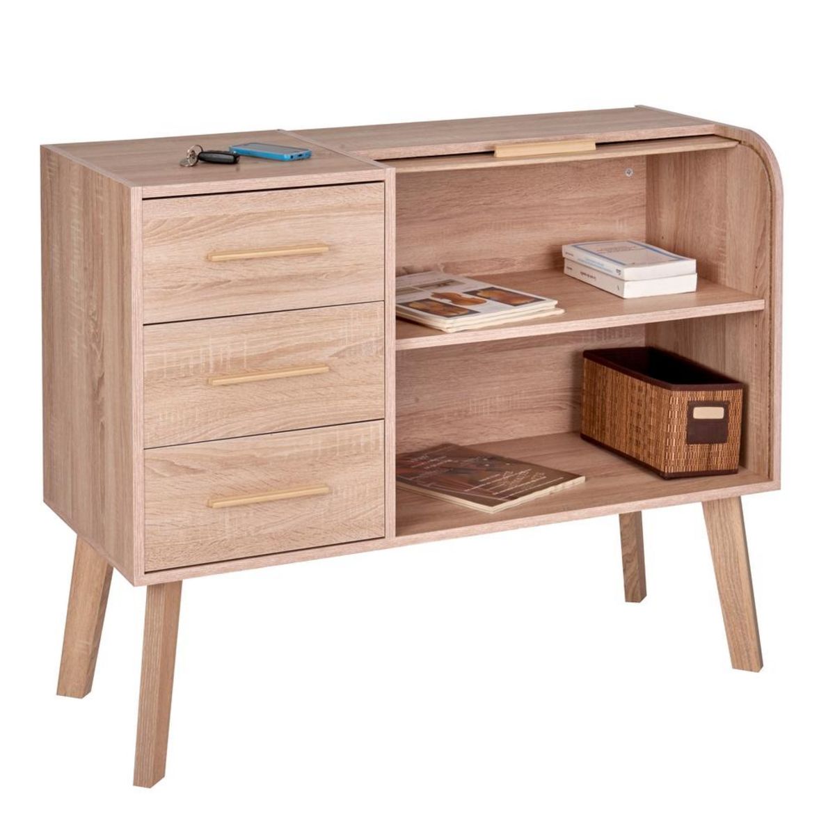 Meuble d'entrée 3 tiroirs 2 niches avec rideau chêne SMILE