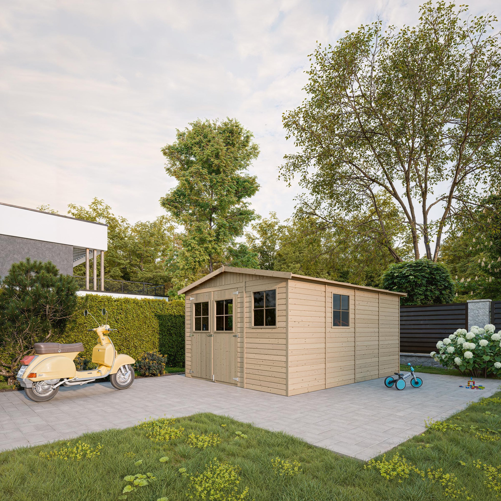 Voir la diapositive 4 : TIMBELA Abri de Jardin en Bois - H226x324x416 cm/12 m² M336