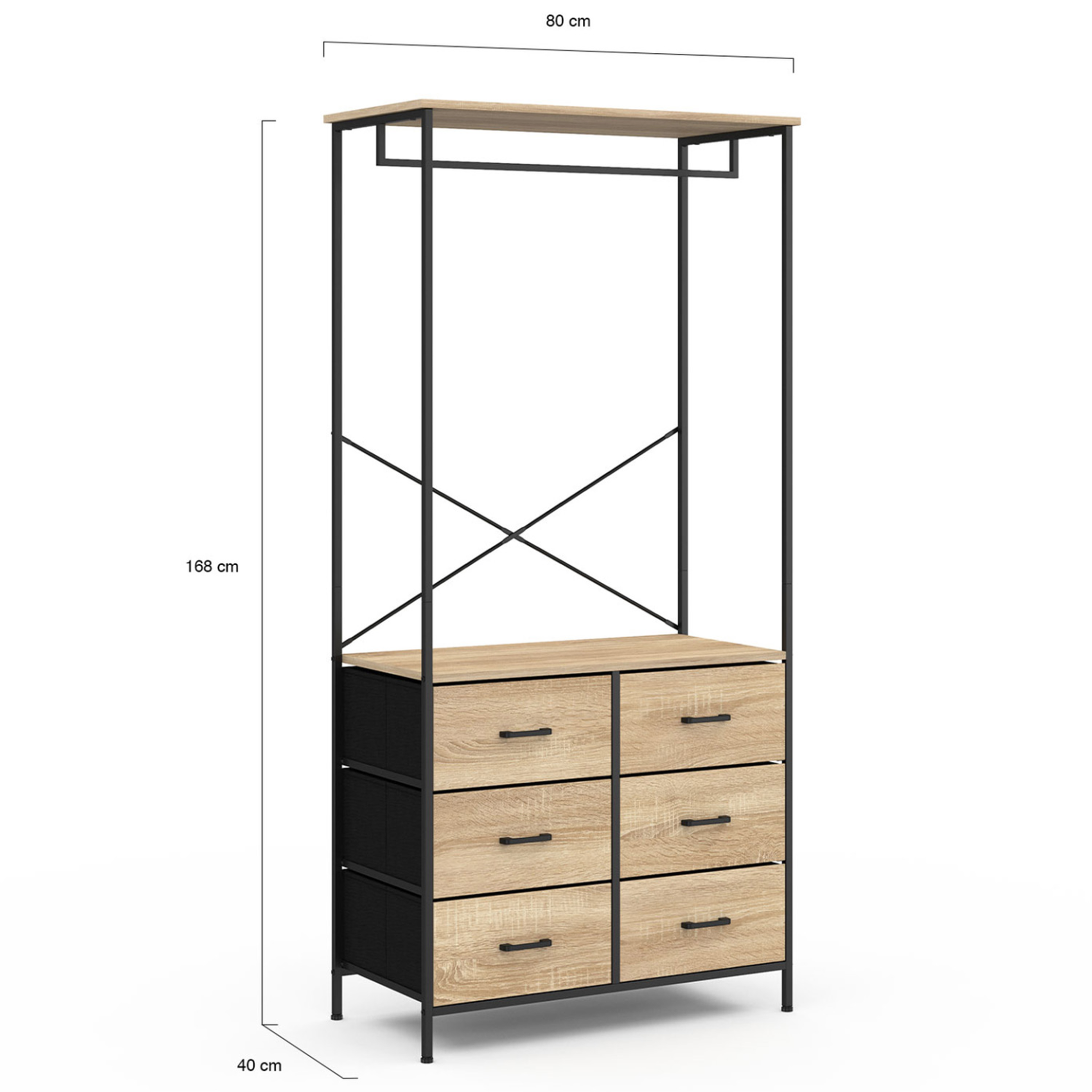 Voir la diapositive 4 : ID MARKET Dressing penderie l. 80 cm utah avec 6 bacs en tissu bois et noir