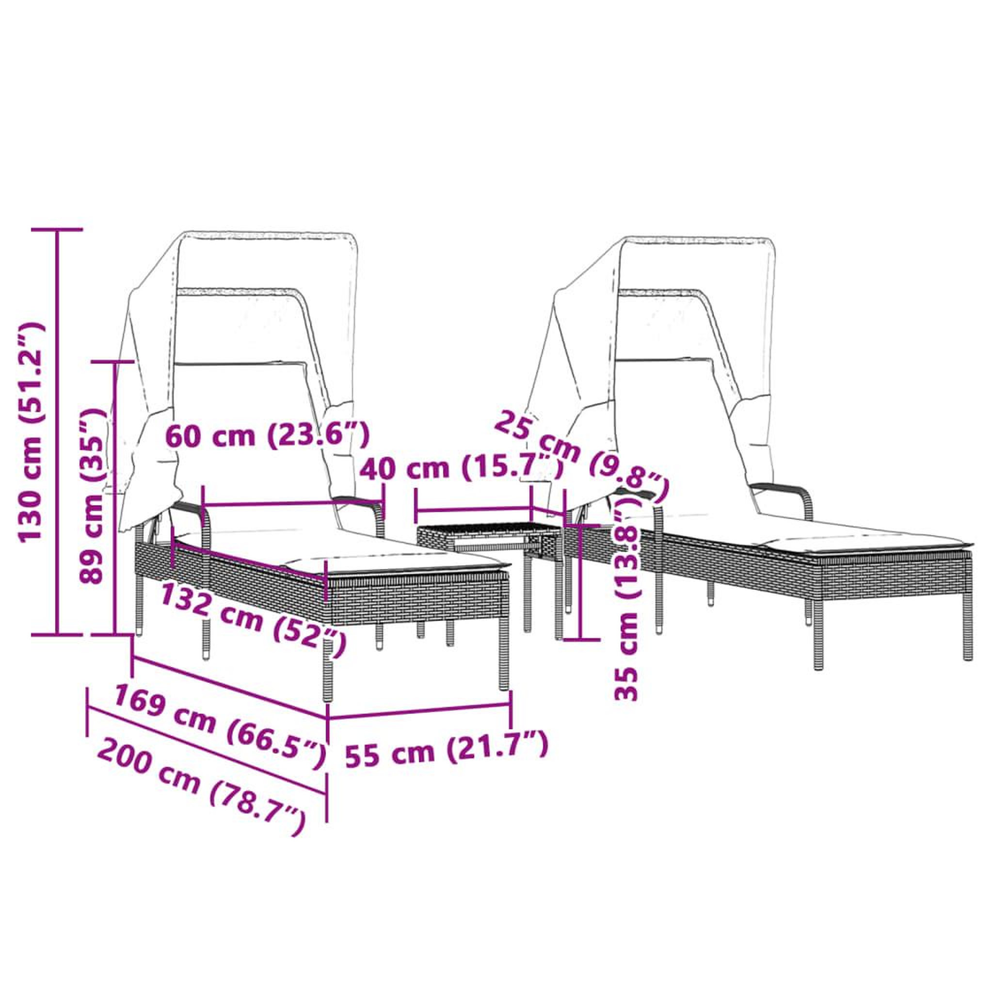 Voir la diapositive 6 : VIDAXL Chaises longues lot de 2 et auvents et table marron poly rotin