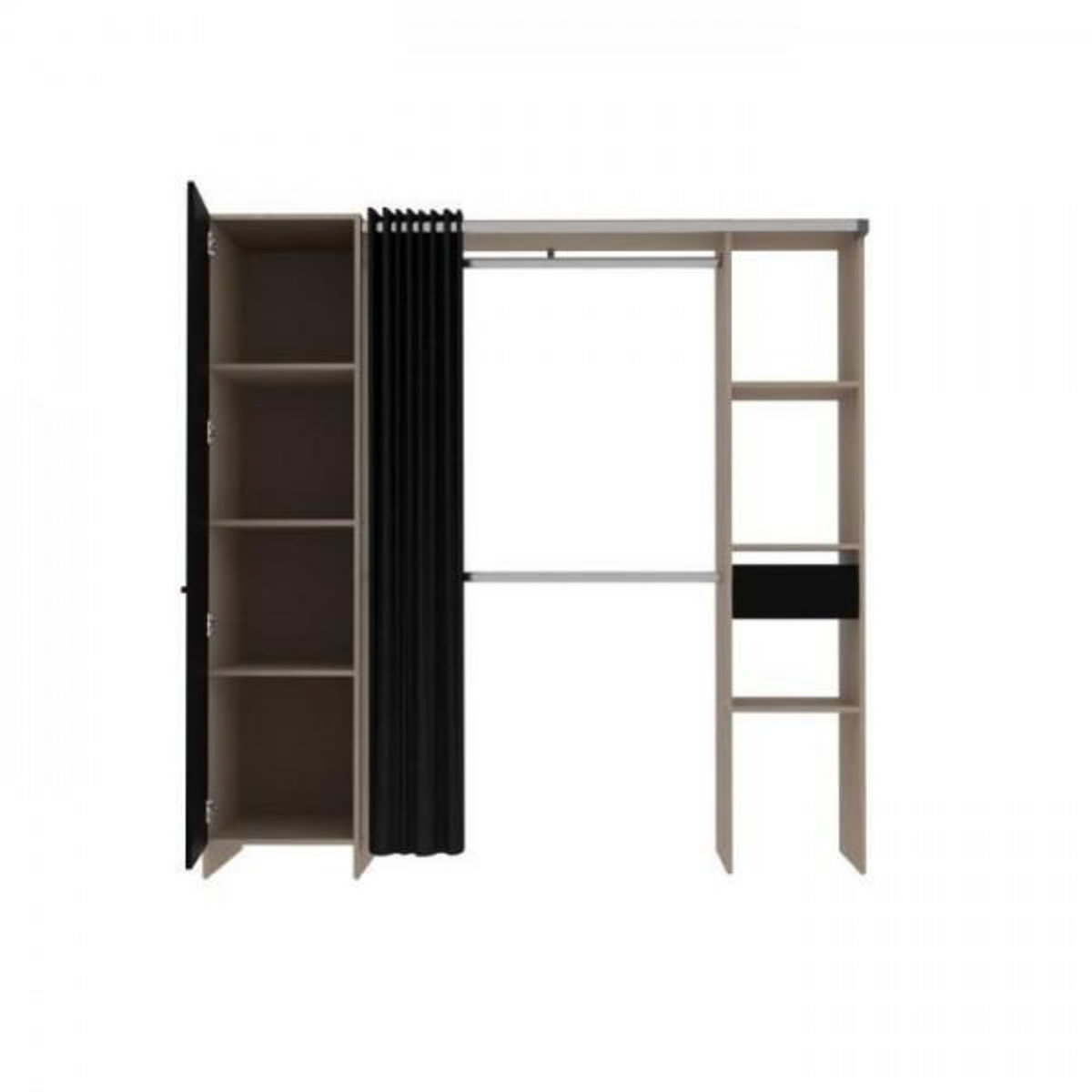 EKIPA Dressing ARTIC avec rideau - EKIPA - Décor Chene et noir - 1 colonne + 1 armoire + 2 penderies + 2 tiroirs