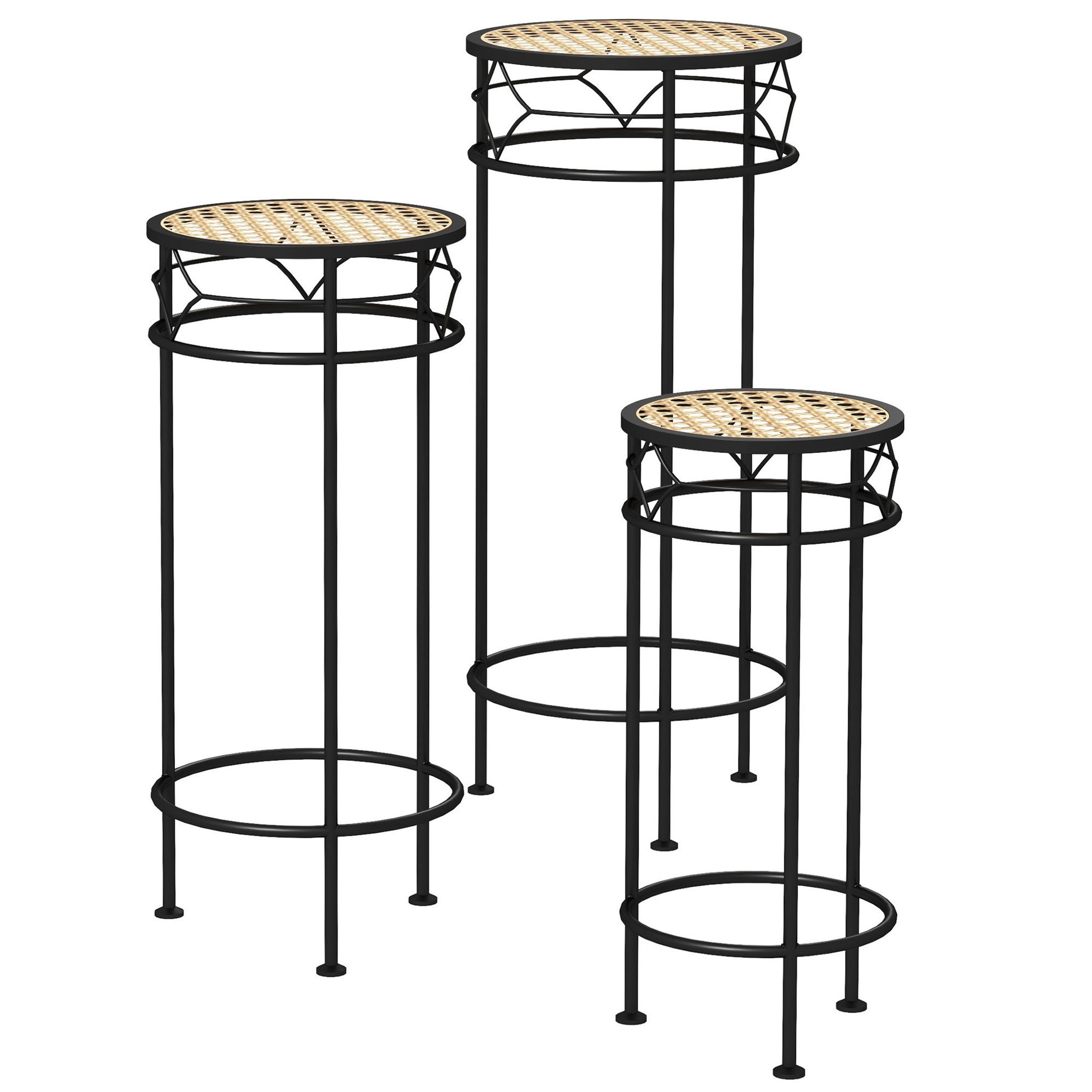 Voir la diapositive 1 : OUTSUNNY Lot de 3 supports pot de fleurs plateaux aspect rotin métal doré noir