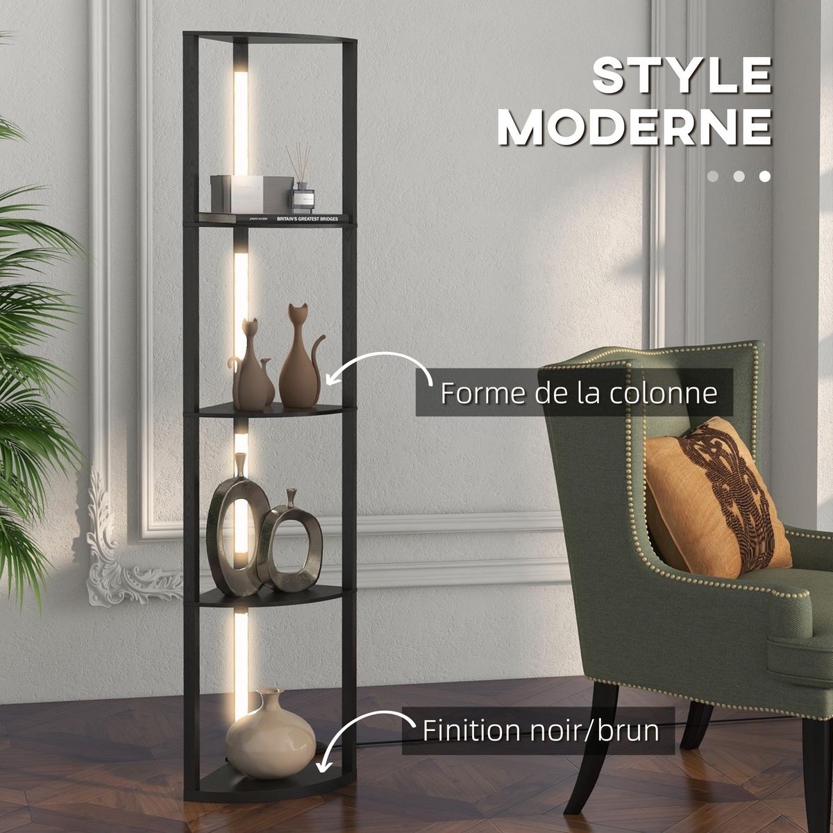 HOMCOM Lampadaire étagère LED d'angle réglable - lampe étagère 4 niveaux design dim.41x29x163cm - MDF noir