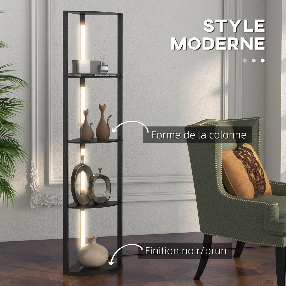 HOMCOM Lampadaire étagère LED d'angle réglable - lampe étagère 4 niveaux design dim.41x29x163cm - MDF noir