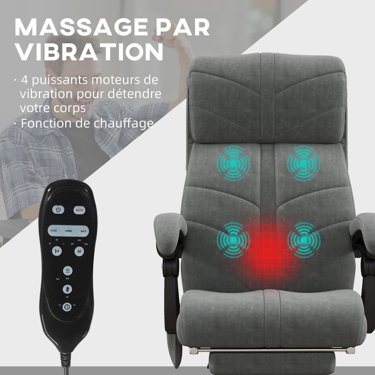 VINSETTO Fauteuil de bureau direction massant chauffant inclinable réglable repose-pied intégré tissu toucher flanelle grise