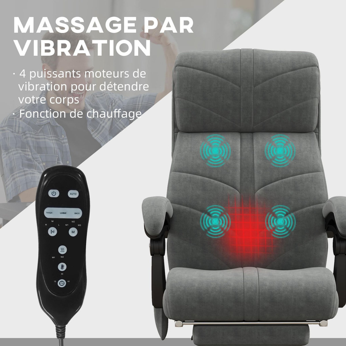 VINSETTO Fauteuil de bureau direction massant chauffant inclinable réglable repose-pied intégré tissu toucher flanelle grise