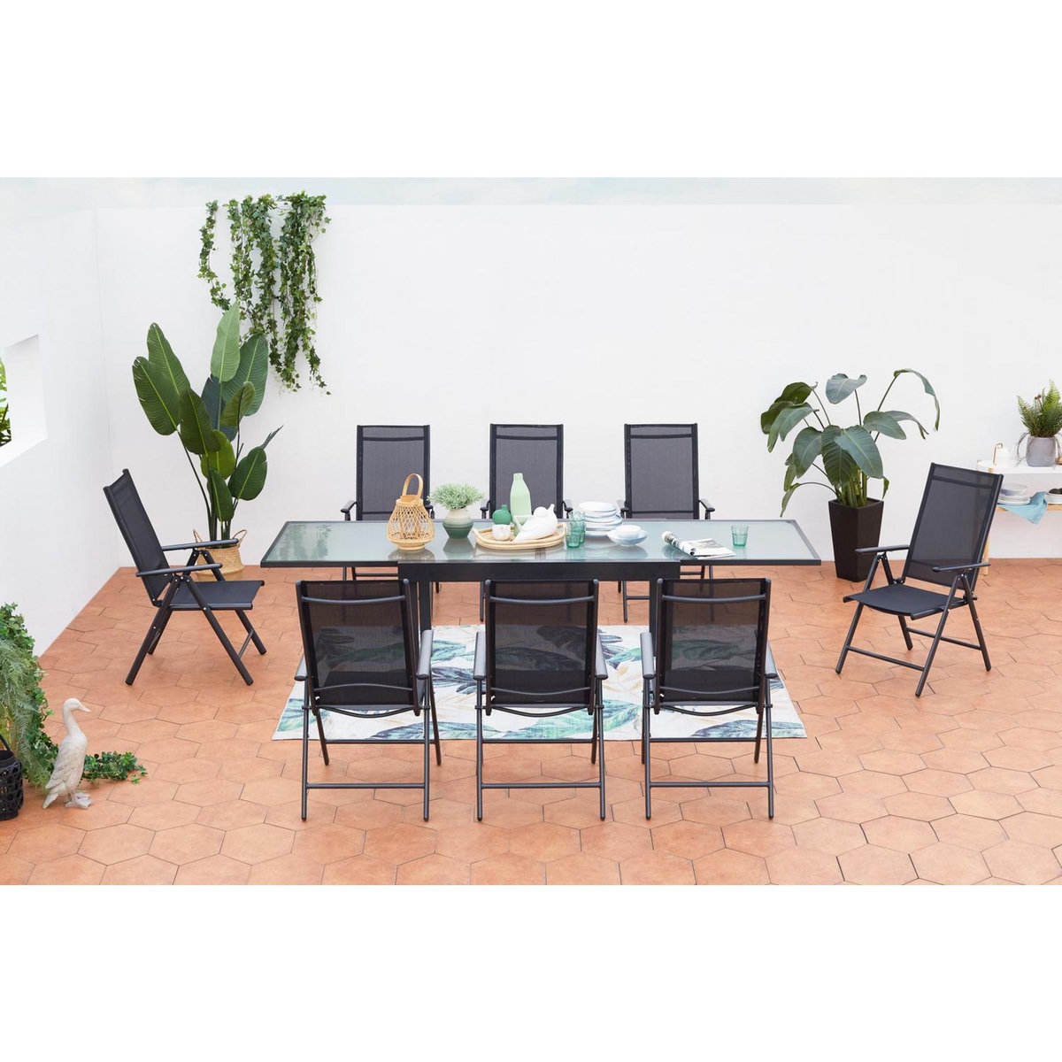 CONCEPT USINE Table de jardin extensible et 8 fauteuils en alu et toile PVC BRESCIA