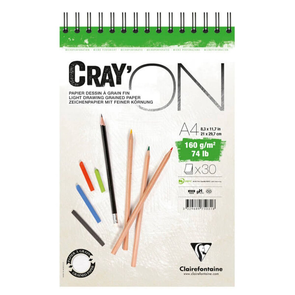 CLAIREFONTAINE Cray'on bloc 30 feuilles A4 160 g blanc