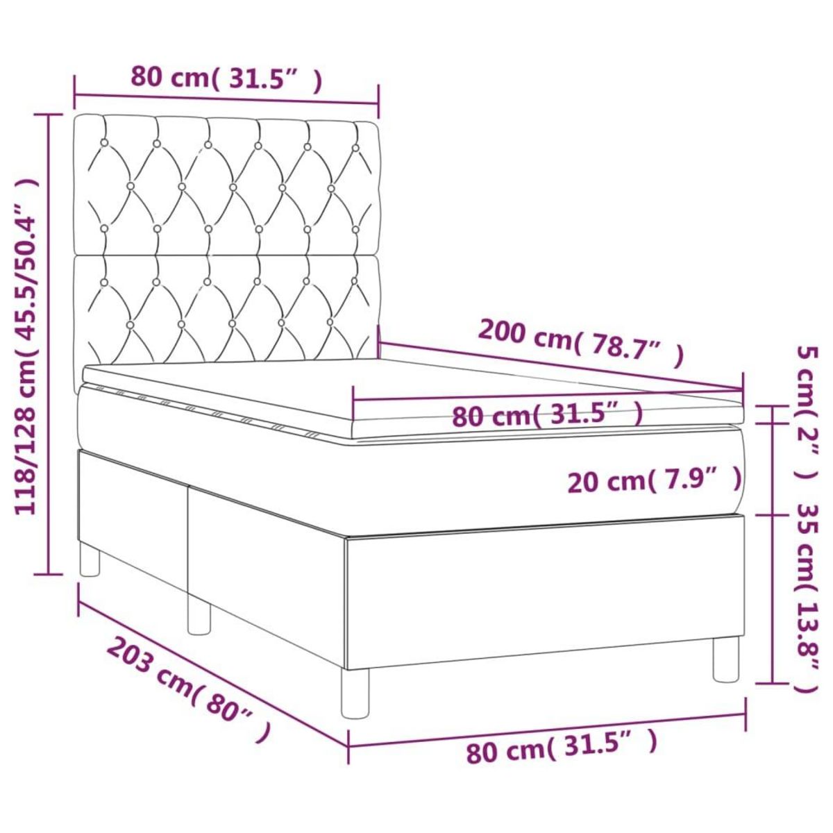 VIDAXL Sommier a lattes de lit et matelas et LED Noir 80x200cm Tissu