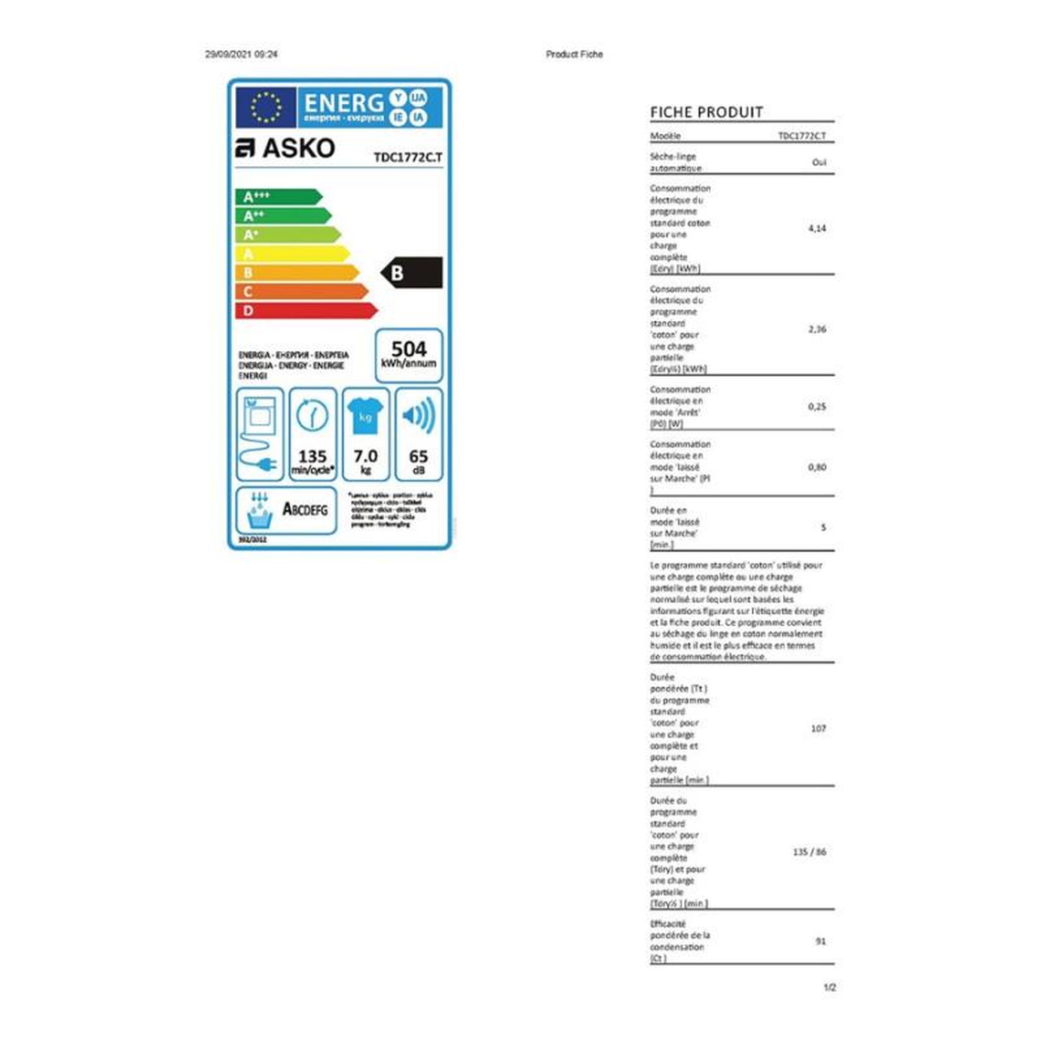 Voir la diapositive 3 : ASKO Sèche linge Asko TDC1773VC.S