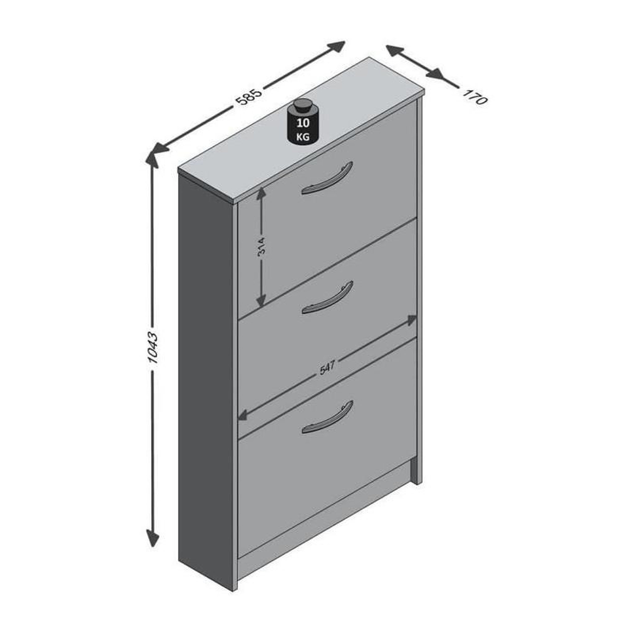 Voir la diapositive 3 : FMD Meuble a chaussures - Décor blanc - 3 Abattants - 6 paires - L58,5 x H104,5 x P17 cm - Fabriqué en Allemagne