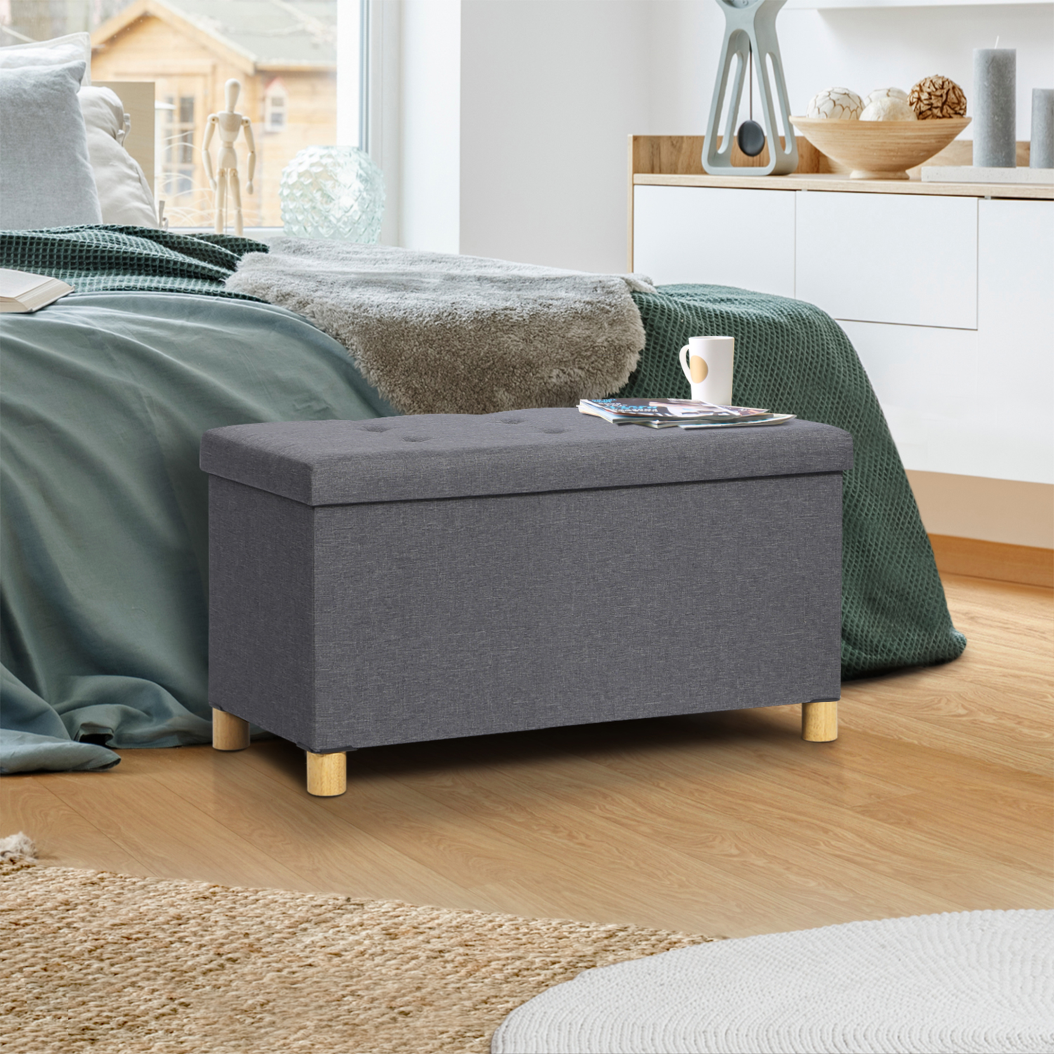 Voir la diapositive 2 : ID MARKET Banc coffre rangement sur pied 76 cm tissu gris anthracite
