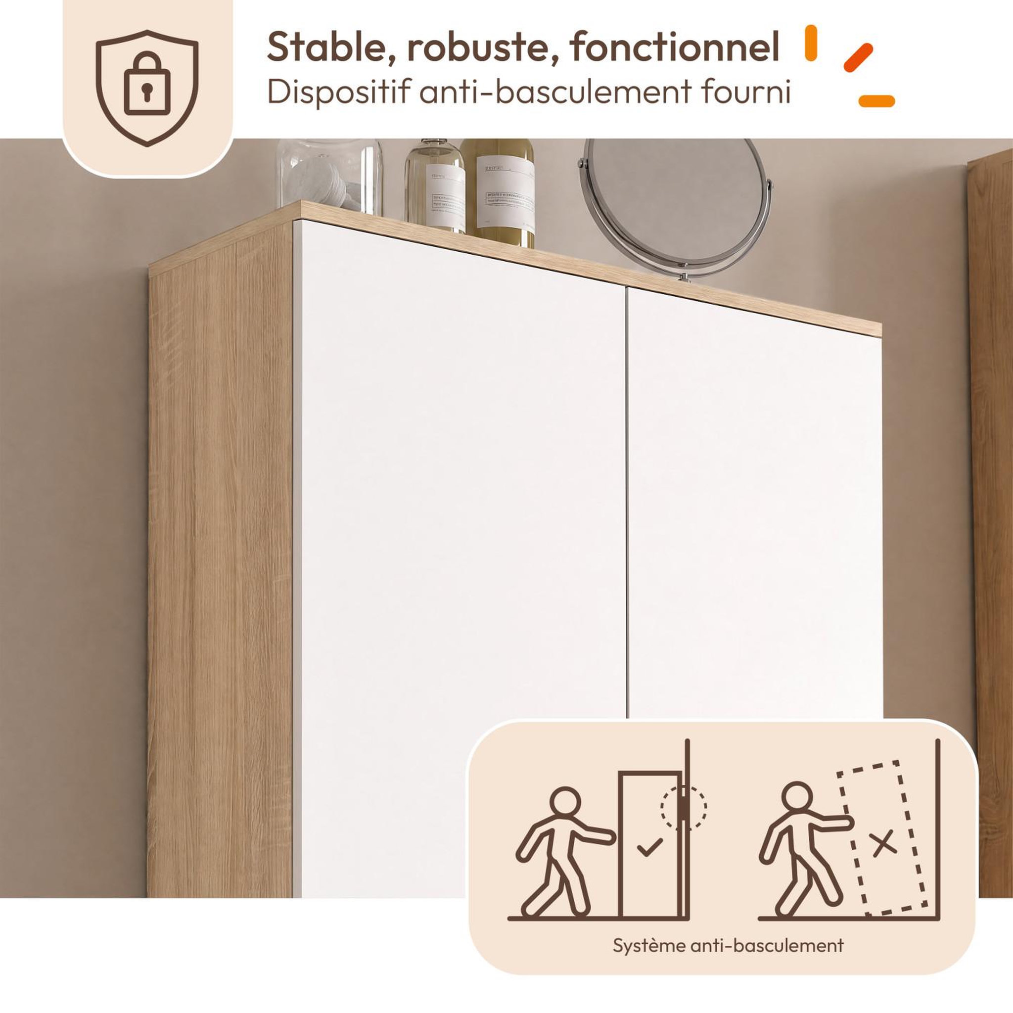 Voir la diapositive 6 : ID MARKET Meuble armoire colonne salle de bain TOMI 3 portes et 3 tiroirs façon hêtre et blanc