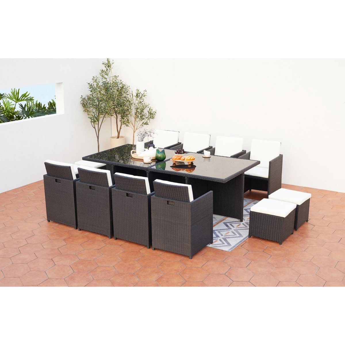 CONCEPT USINE Table et chaises 12 places encastrables résine noir-blanc MONACO