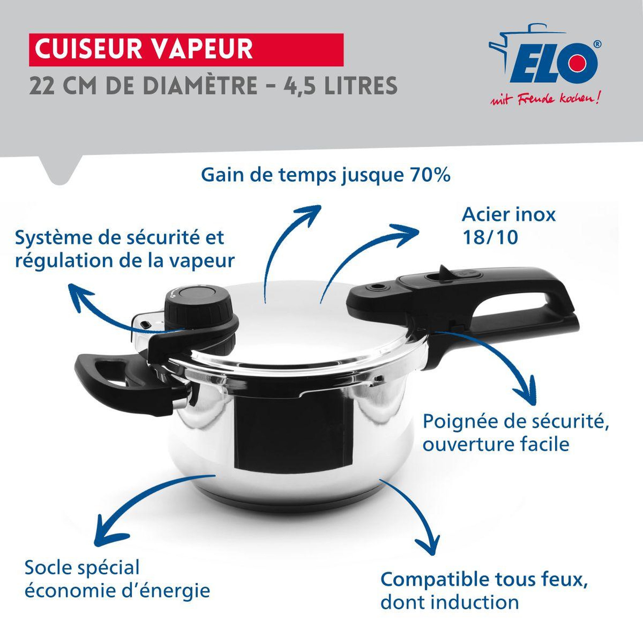 Voir la diapositive 3 : ELO Autocuiseur vapeur en acier inoxydable 18/10 22 cm 4,5 litres elo mistral premium