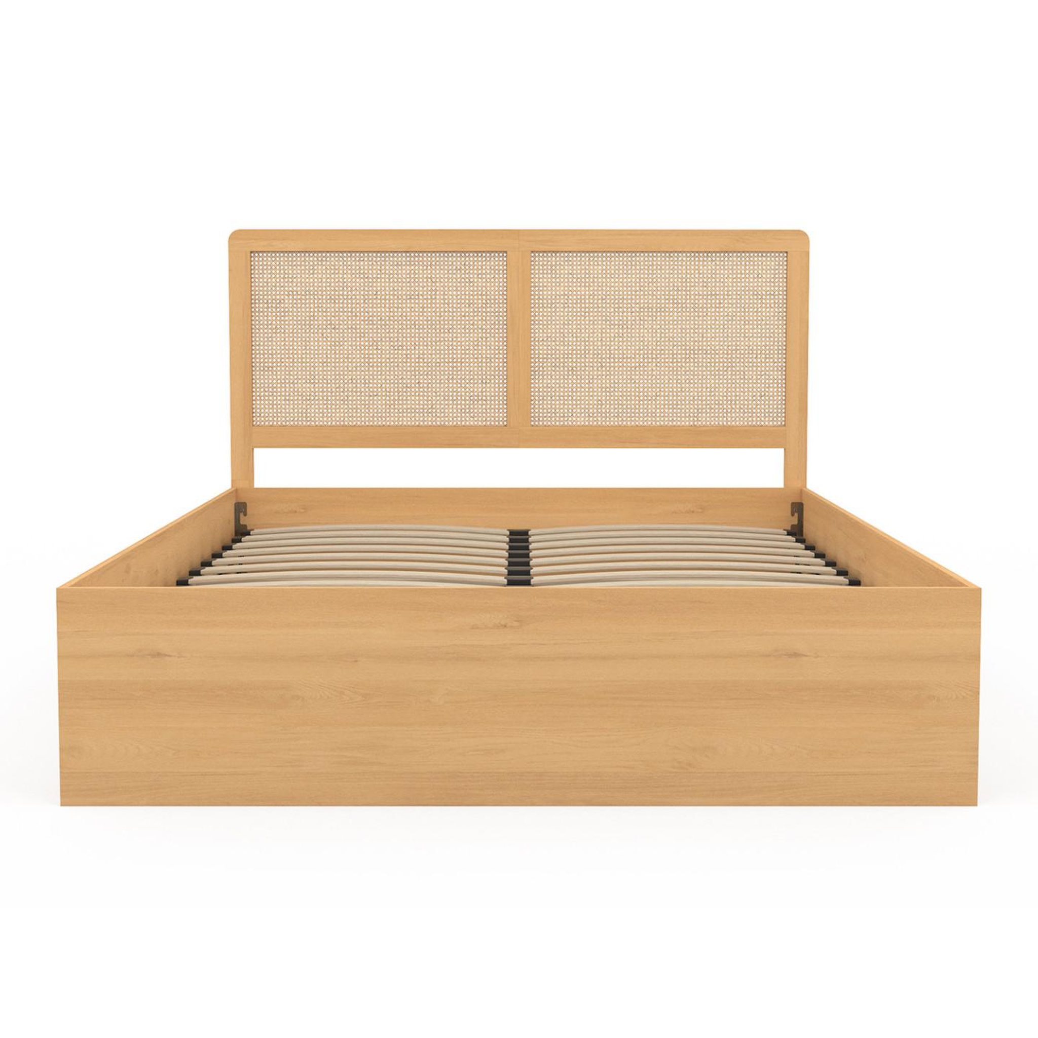 Voir la diapositive 3 : ID MARKET Lit coffre double edhen avec tête de lit cannage et sommier 140 x 190 cm coloris bois