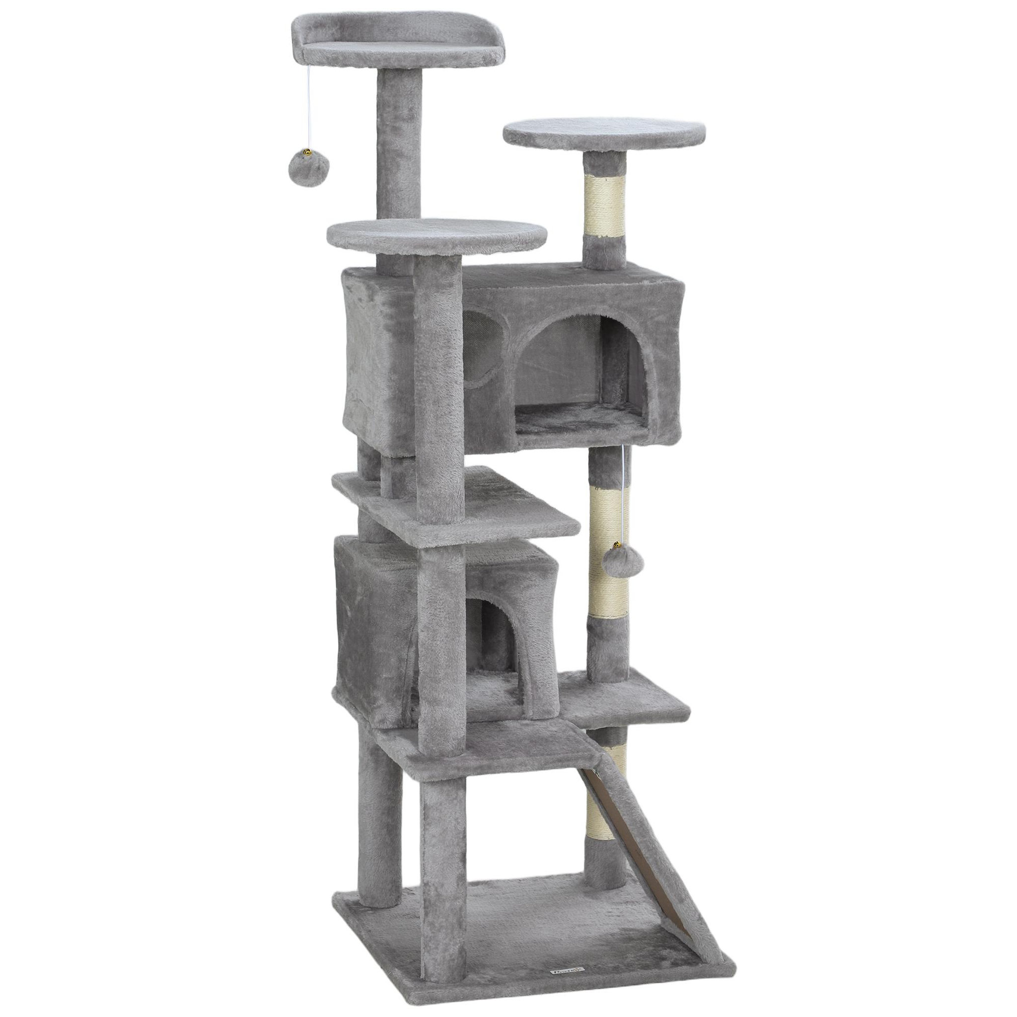 PAWHUT Arbre à chat 2 niches grattoir griffoirs plate-formes 2 niches 2 jouets pompons peluche grise