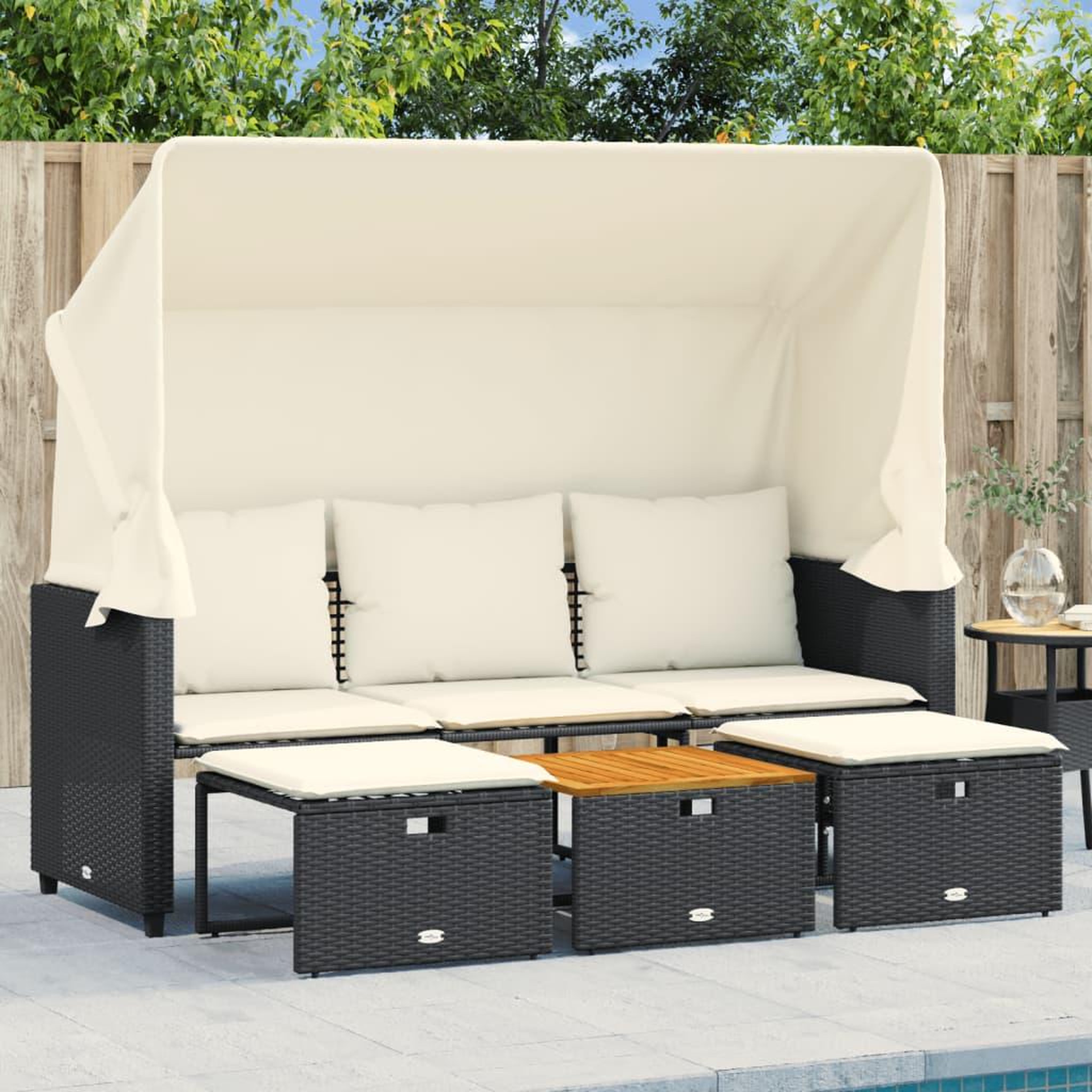 Voir la diapositive 3 : VIDAXL Canape de jardin 3 places avec auvent et tabourets noir rotin