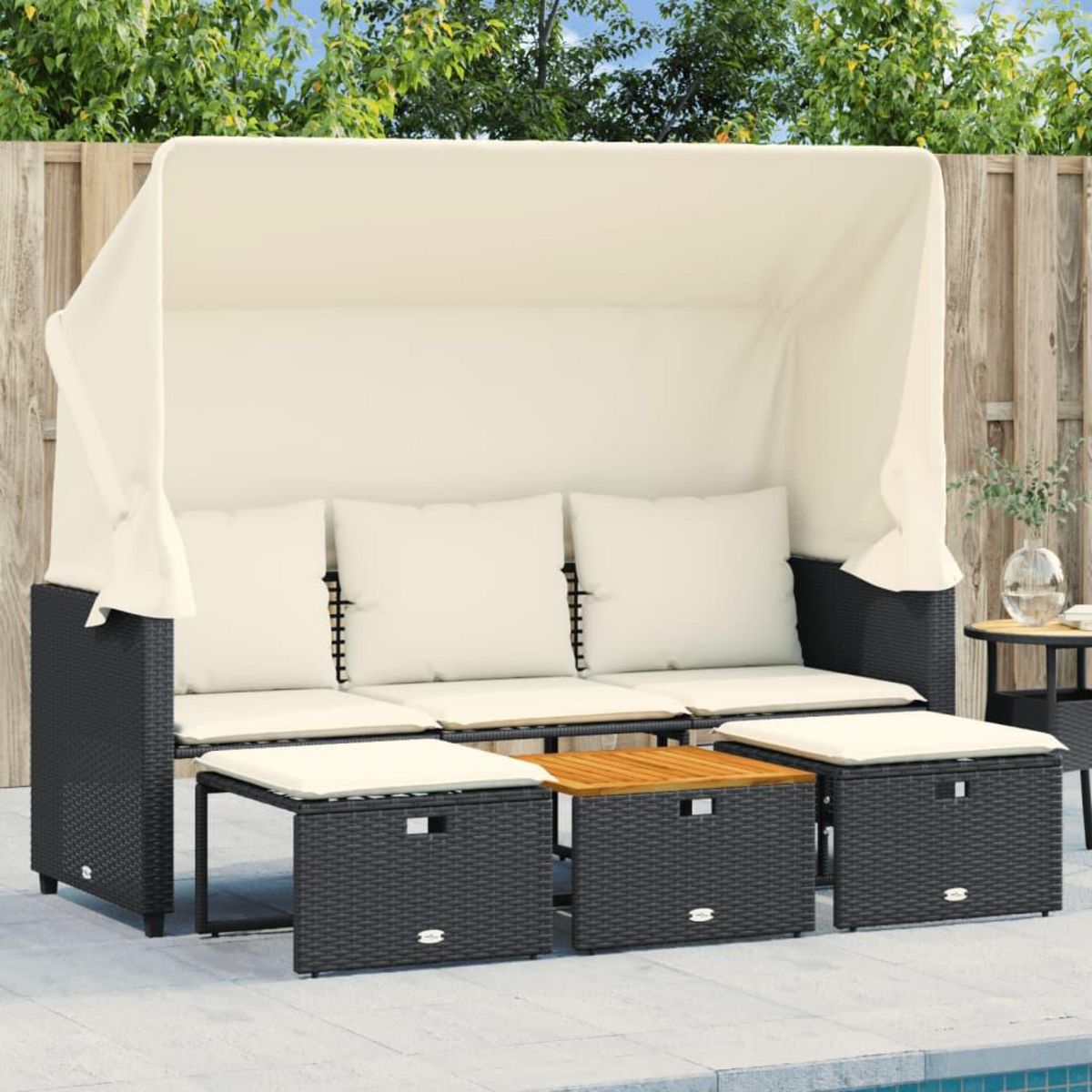 VIDAXL Canape de jardin 3 places avec auvent et tabourets noir rotin