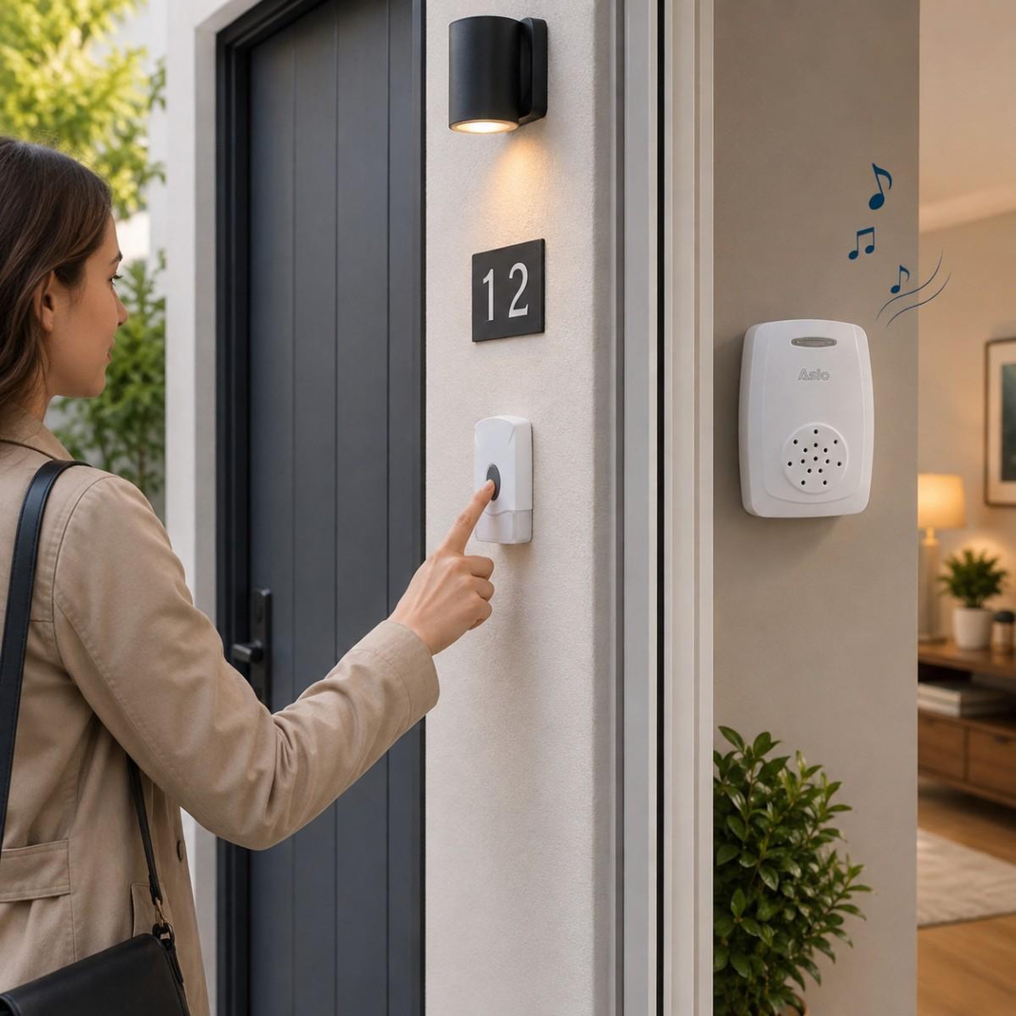 Voir la diapositive 4 : ASLO Sonnette sans fil portable 100m 80db blanche – carillon 36 mélodies ip44 avec bouton-poussoir intérieur extérieur aslo