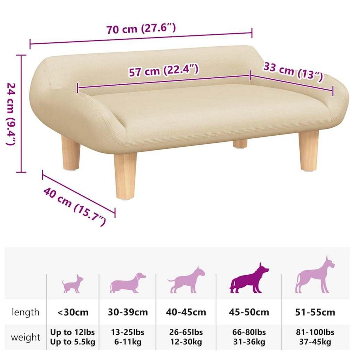 VIDAXL Lit pour chien creme 70x40x24 cm tissu