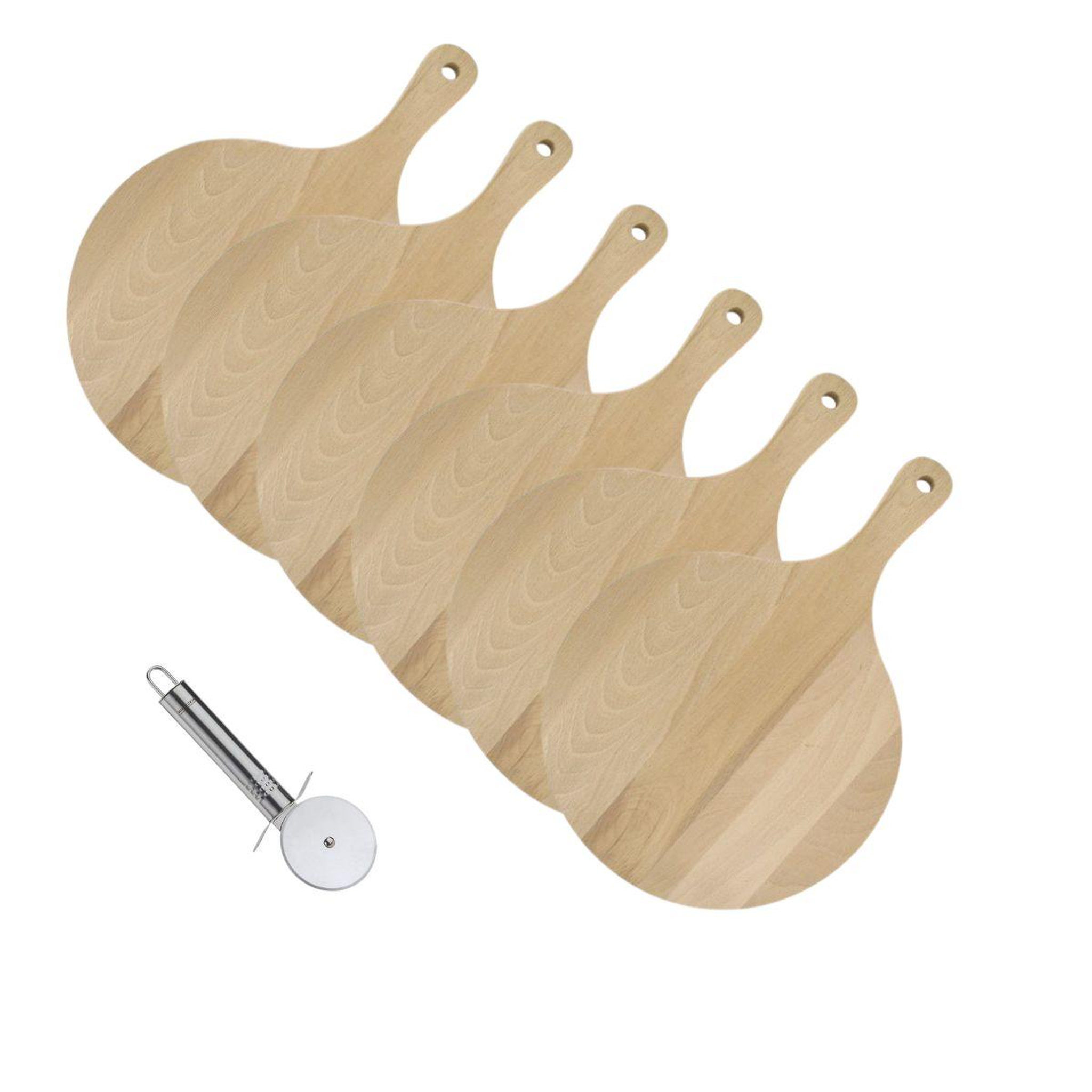 Voir la diapositive 1 : Fackelmann 6 planches à pizza et tarte flambée en bois 30 cm et roulette à pizza en inox fackelmann