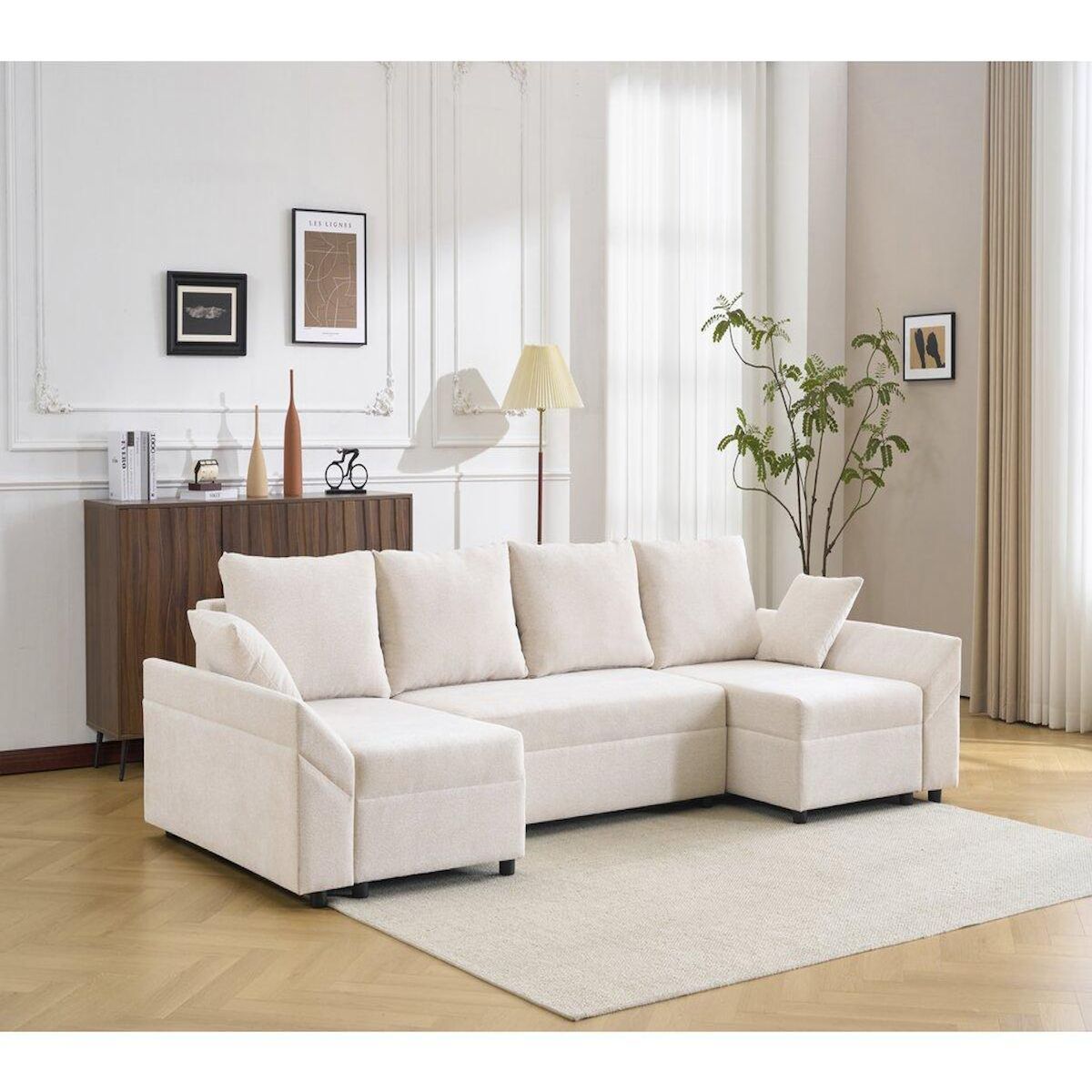 Habitat et Jardin Canapé d'angle panoramique convertible en tissu texturé  Vaugirard II  - 5 places - Beige