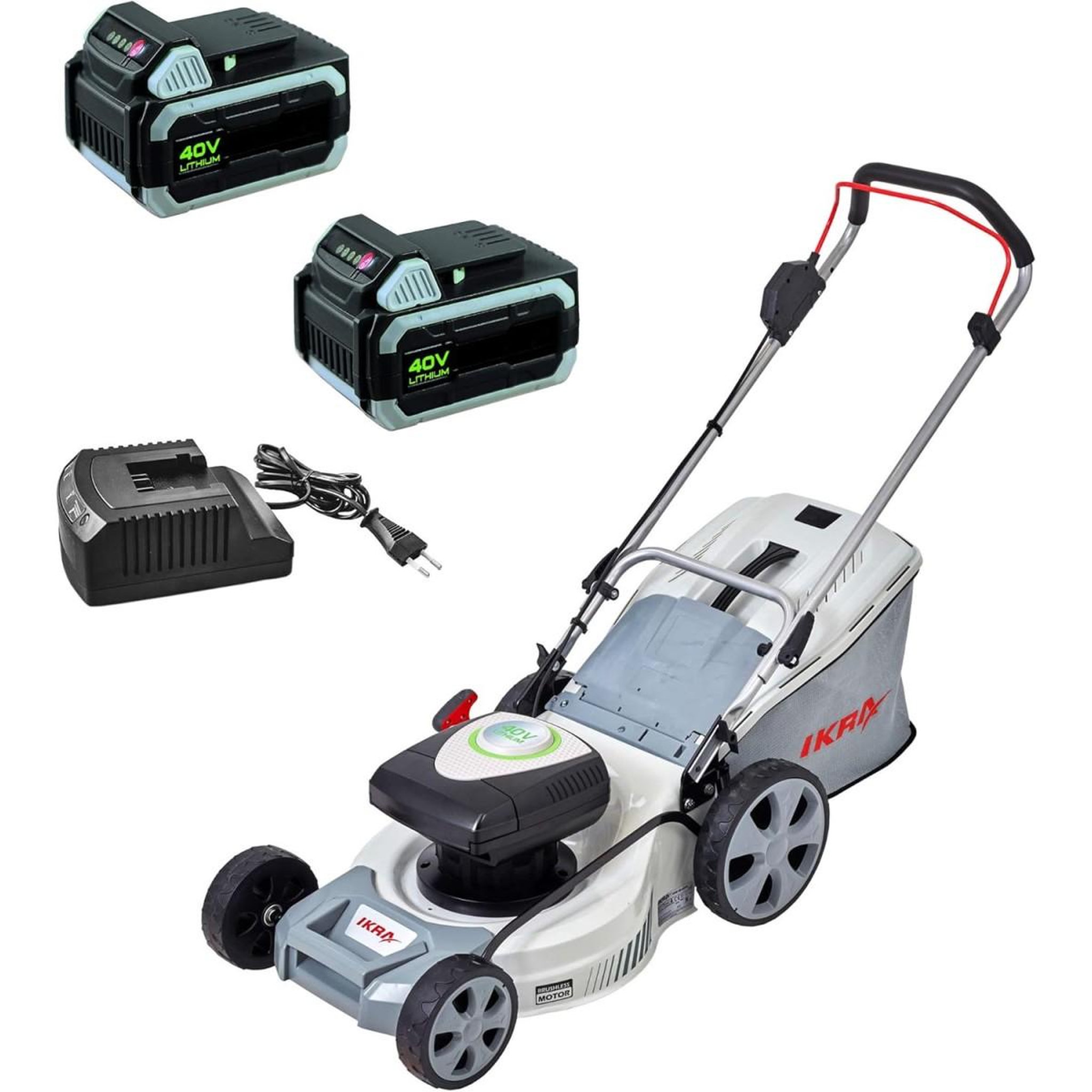 Ikra Tondeuse à gazon + 2 Batteries 40V + Chargeur, Coupe Ø43cm, 6 positions - Tondeuse sans fil Mulching Bac 50L Jardin 600 m2 IKRA