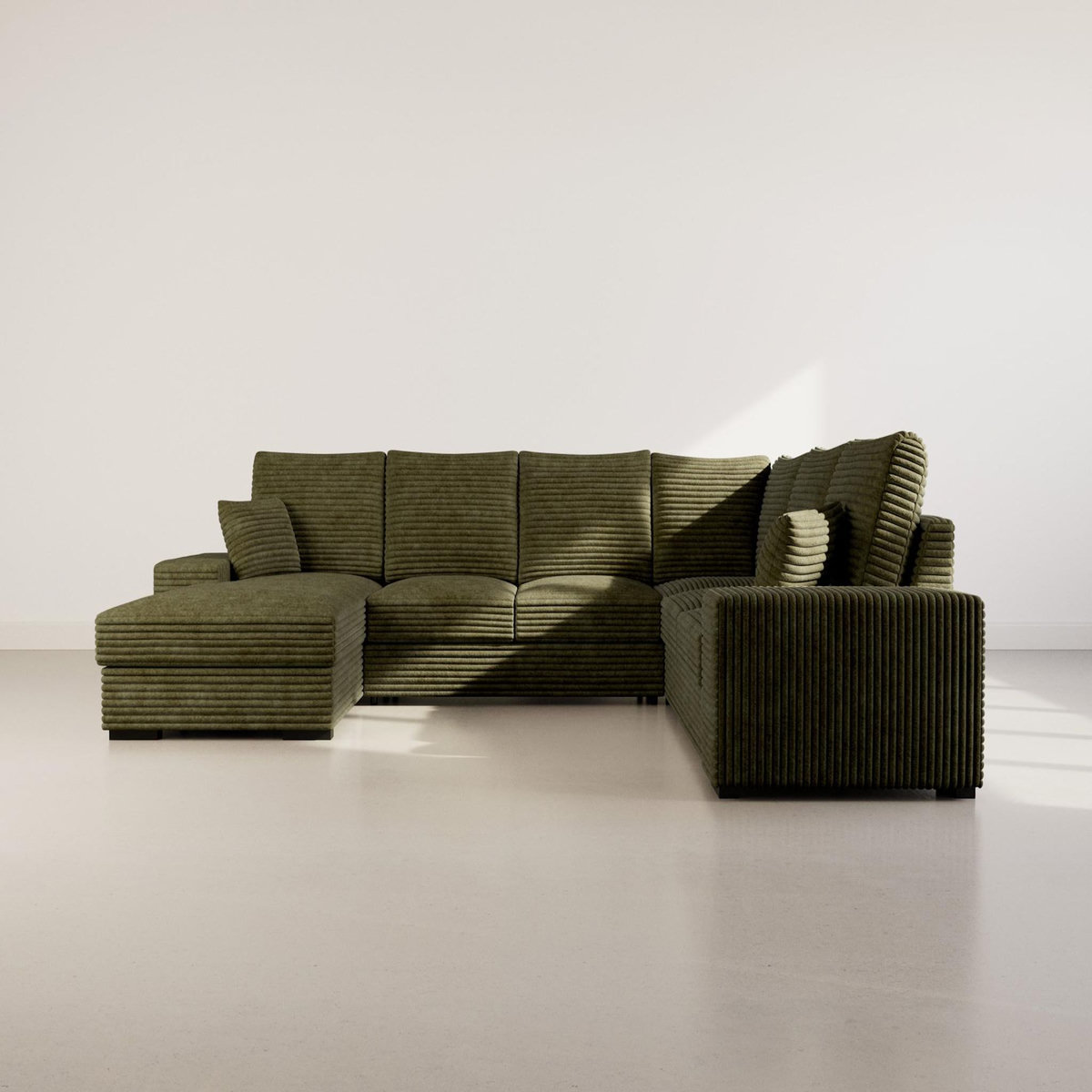 BEST MOBILIER Lorie - canapé panoramique d'angle droit 7 places convertible en velours côtelé grosse côte avec coffre