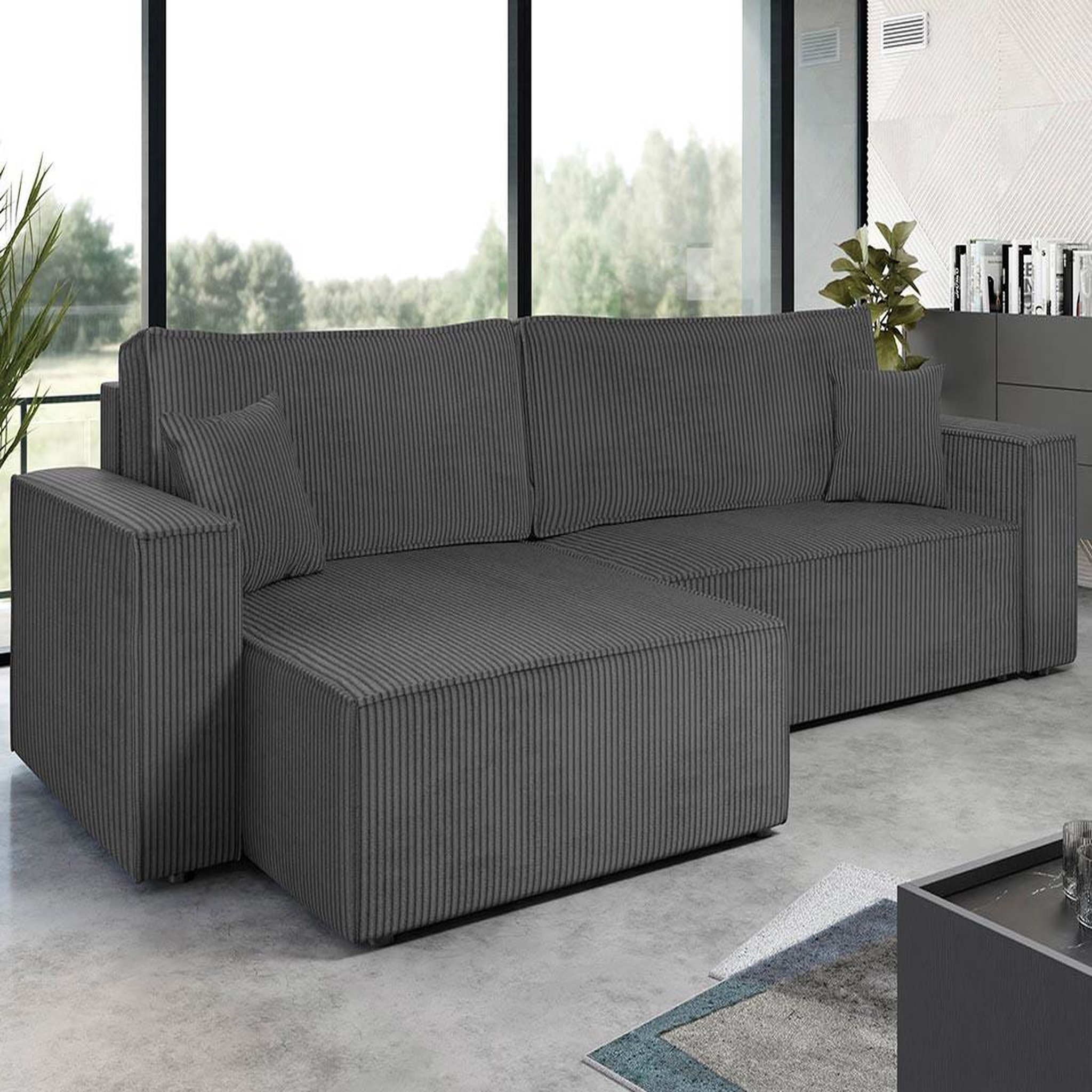 Voir la diapositive 1 : BEST MOBILIER Cezanne - canapé d'angle réversible 5 places convertible avec coffre en velours côtelé