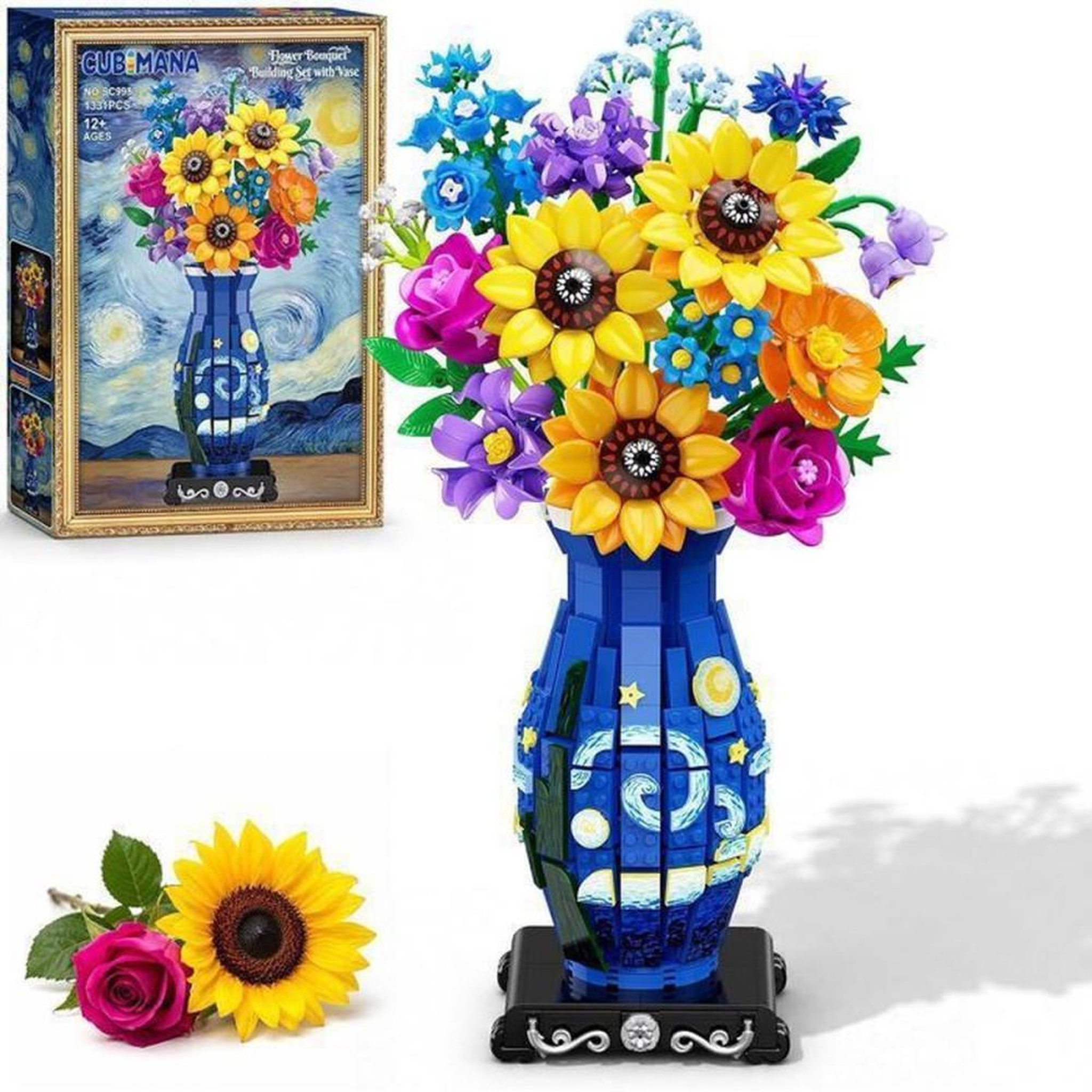 Kit de construction floral avec guirlande LED, vase bleu imprimé, 1331 pièces mini 3,6 mm