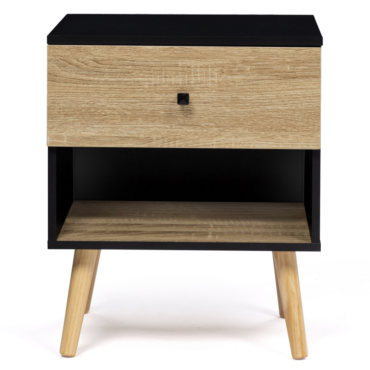 ID MARKET Lot de 2 tables de chevet EMMIE scandinaves 1 tiroir avec niche noir et hêtre