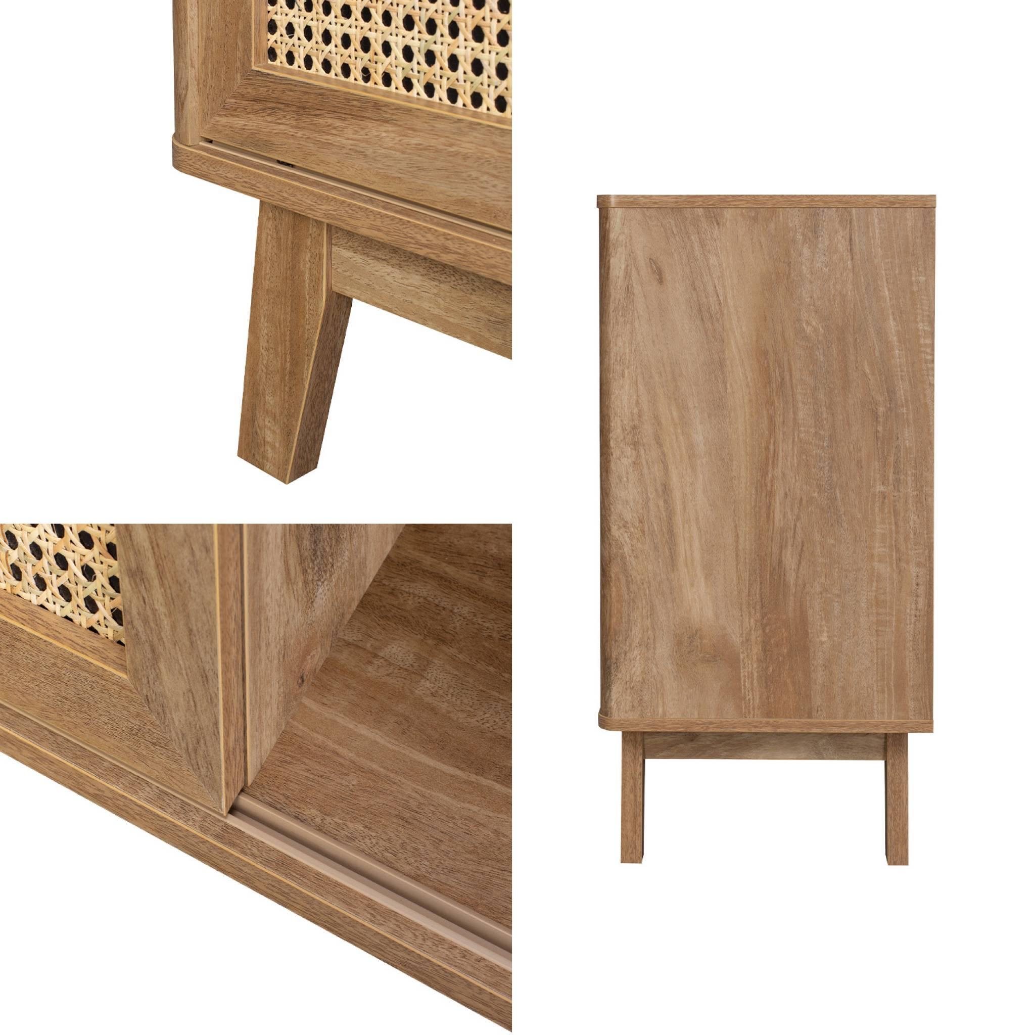 Voir la diapositive 6 : SWEEEK Petit buffet avec 1 porte coulissante et étagères. effet bois et détails cannage. buffet bas. 120cm