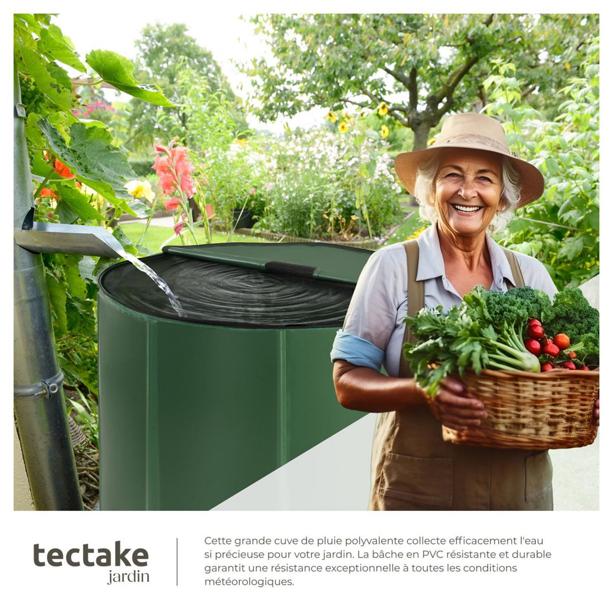 tectake Tonneau récupérateur d'eau de pluie avec robinet et protection anti-débordement vert 750 L