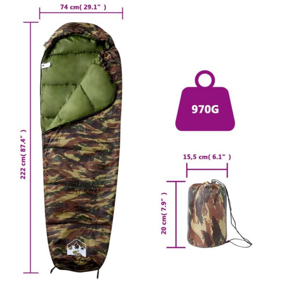 VIDAXL Sac de couchage momie pour adultes camping 3 saisons