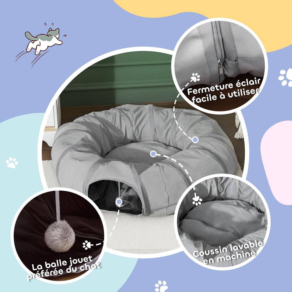 PAWHUT Tunnel pour chat intérieur - fonction lit pliable avec coussin et jeu balle suspendue - gris