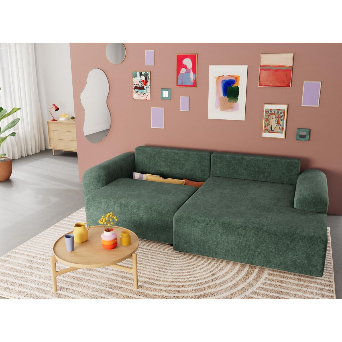 BEST MOBILIER Rebecca - canapé d'angle droit 4 places convertible avec coffre en velours texturé