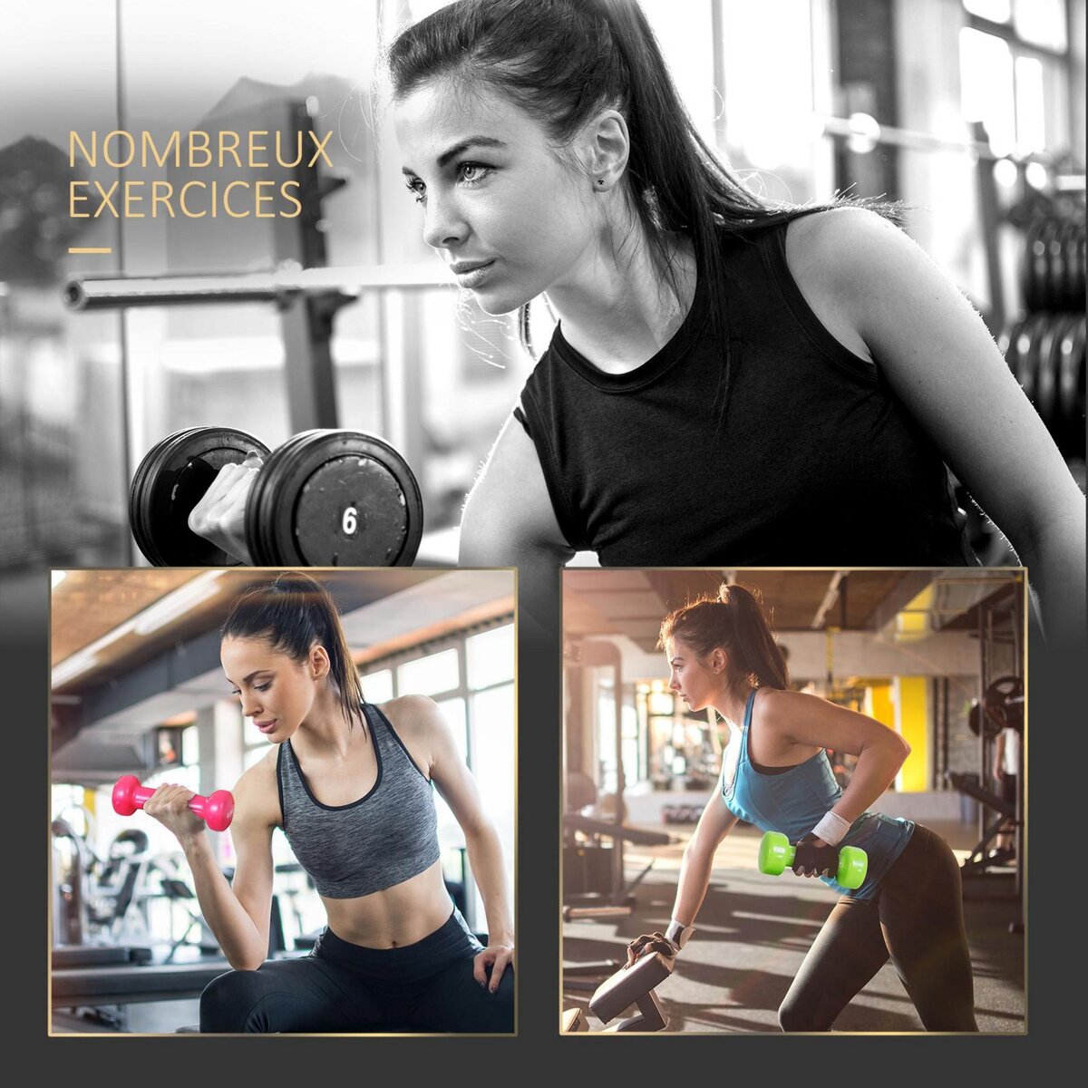 HOMCOM Ensemble d'haltères courtes total 10 Kg - paires de 0,5/1/1,5/2 Kg avec malette - entraînement musculaire & haltérophilie - métal PU multicolore