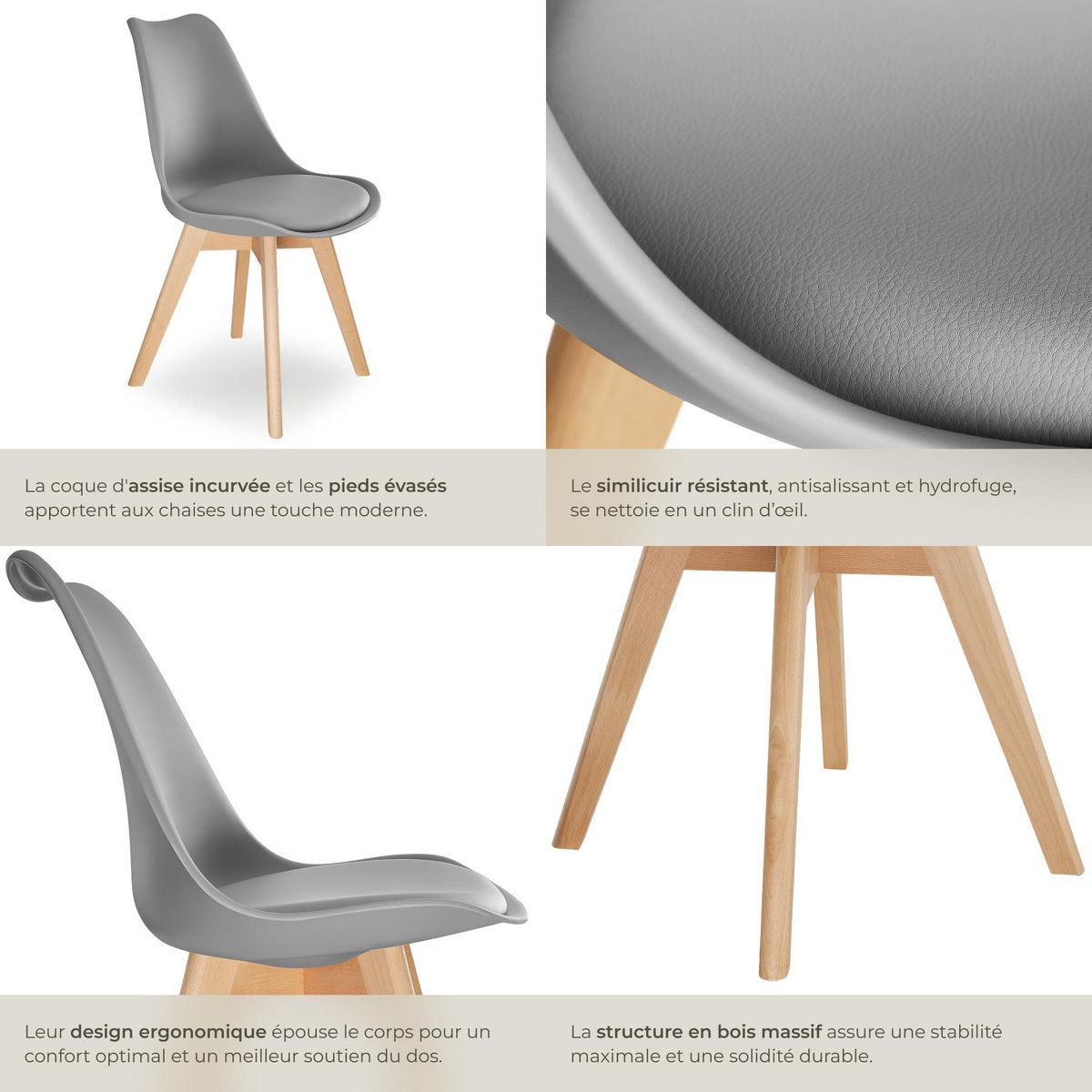 tectake Ensemble de chaises de salle à manger avec siège rembourré gris Lot de 8