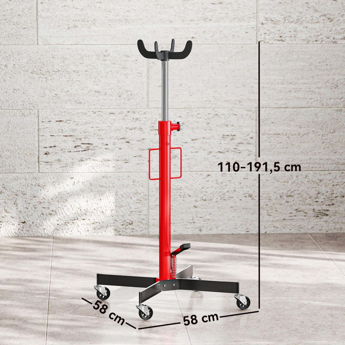 HOMCOM Vérin de fosse hydraulique acier 500 Kg hauteur réglable 110–191,5 cm 4 roues pivotantes rouge noir