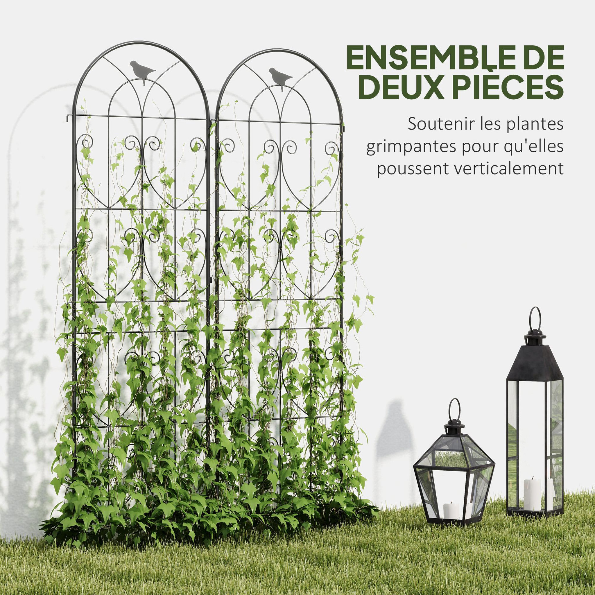 Voir la diapositive 5 : OUTSUNNY Treillis de jardin effet fer forgé oiseau - 2 supports plantes grimpantes - 50 x 180 cm - métal époxy noir
