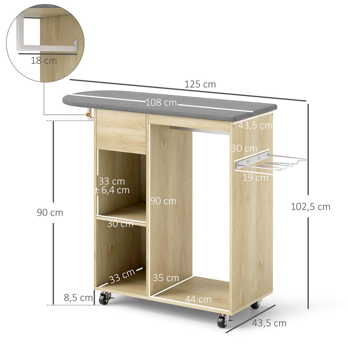 HOMCOM Table à repasser sur roulettes - 2 tringles, 2 niches, tiroir, support fer - toile planche incluse effet bois clair gris