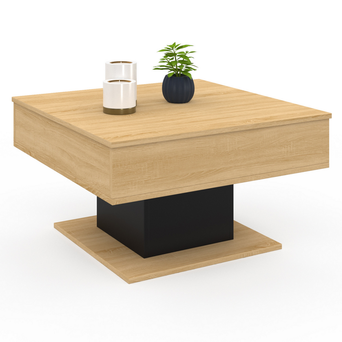 ID MARKET Table basse plateau relevable EDEN carrée bois et noir