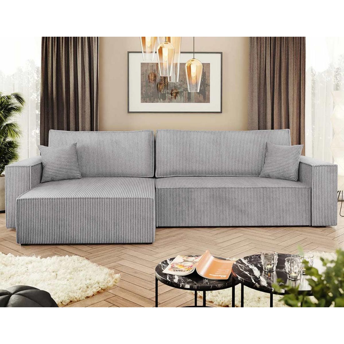 BEST MOBILIER Cezanne - canapé d'angle réversible 5 places convertible avec coffre en velours côtelé