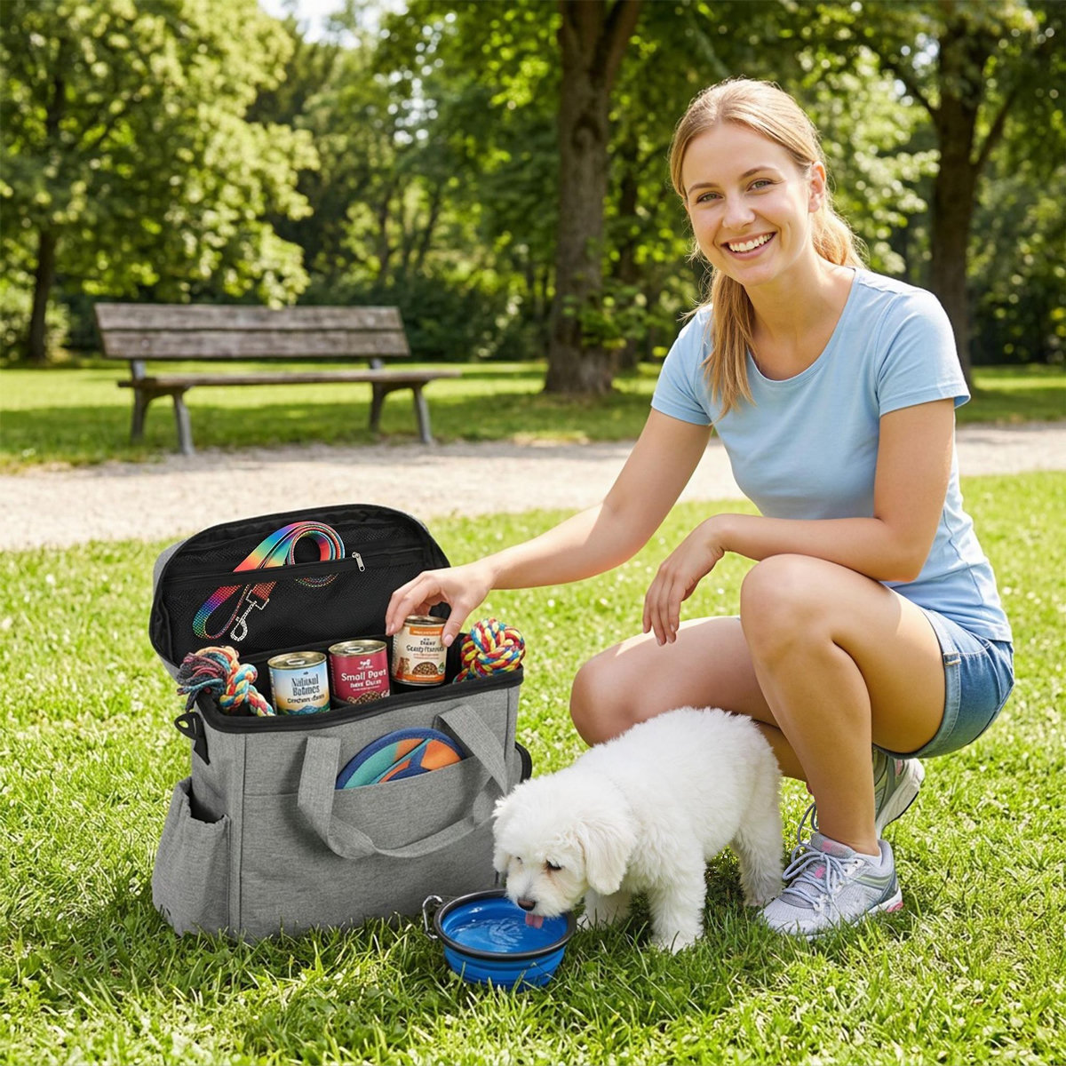 PAWHUT Sac à friandises et croquettes pour chien 2 paniers bol pliable silicone gris clair