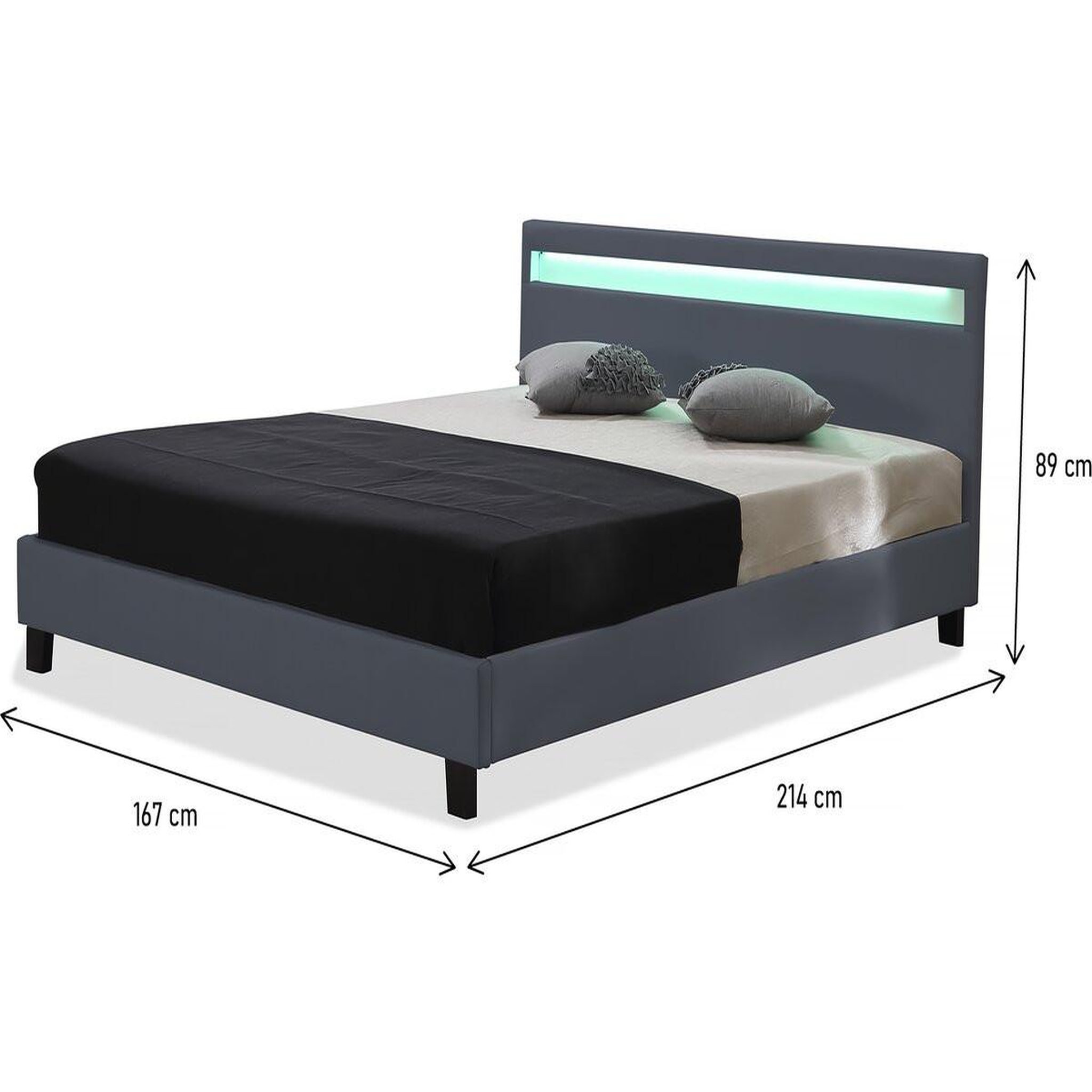 Voir la diapositive 4 : Habitat et Jardin Lit  avec led  maria  - 160 x 200 cm - gris
